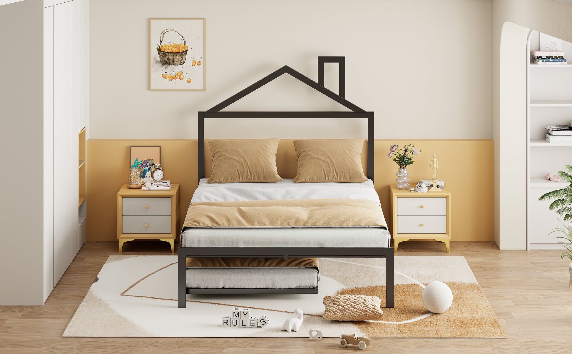 Full Size Metal Platform Bed With Twin Size Trundle,House Shaped Headboard Design, Black Full Black Metal