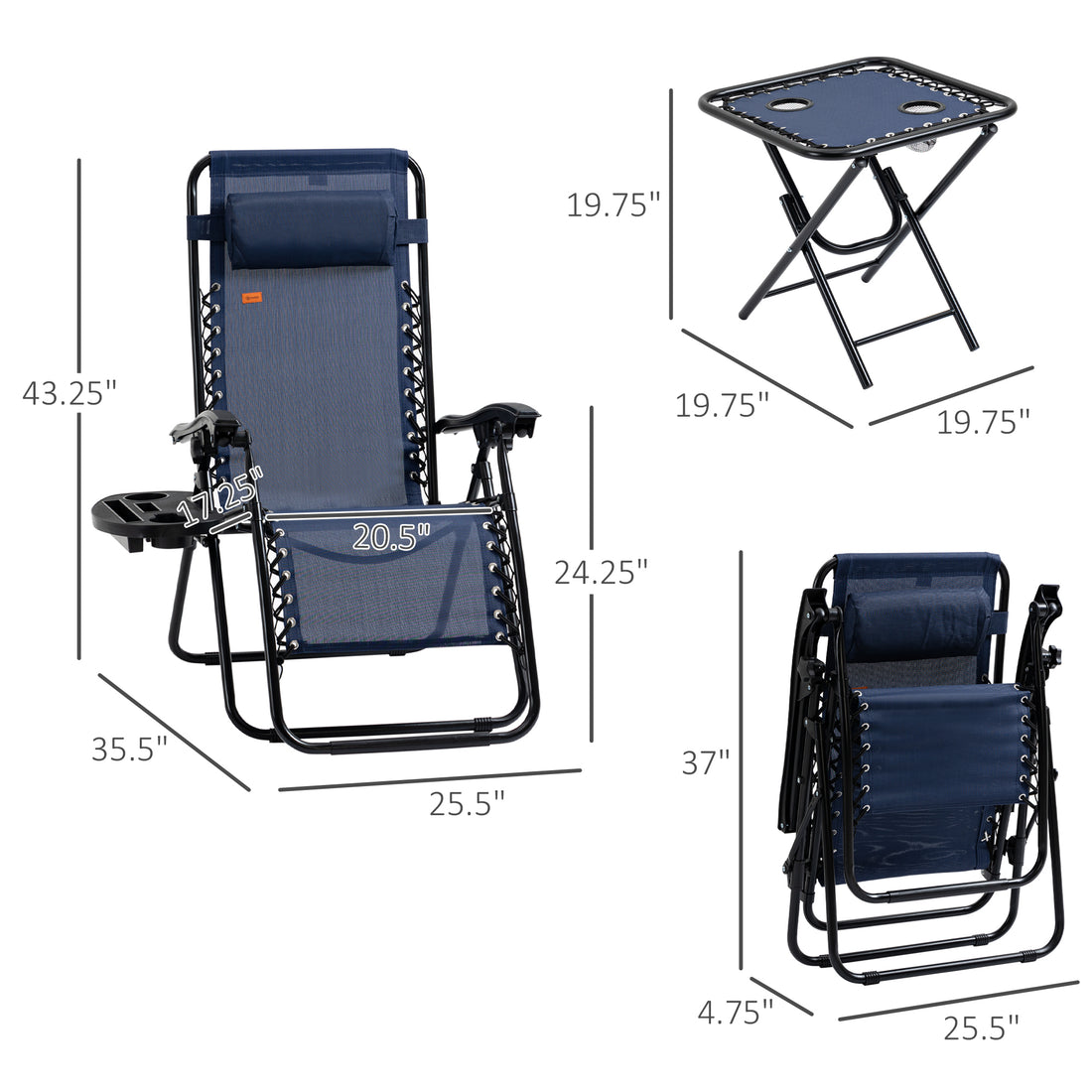 Outsunny Zero Gravity Chair Set With Side Table, Folding Reclining Chair With Cupholders & Pillows, Adjustable Lounge Chair For Pool, Backyard, Lawn, Beach, Blue Blue Steel