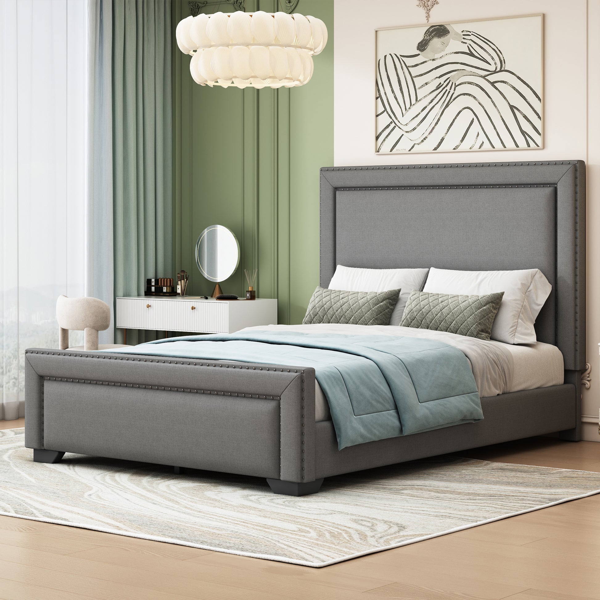 Queen Size Upholstered Bed ,Modern Upholstered Bed With Wooden Slats Support, No Box Spring Needed, Easy Assembly, Gray Box Spring Not Required Queen Gray Plywood