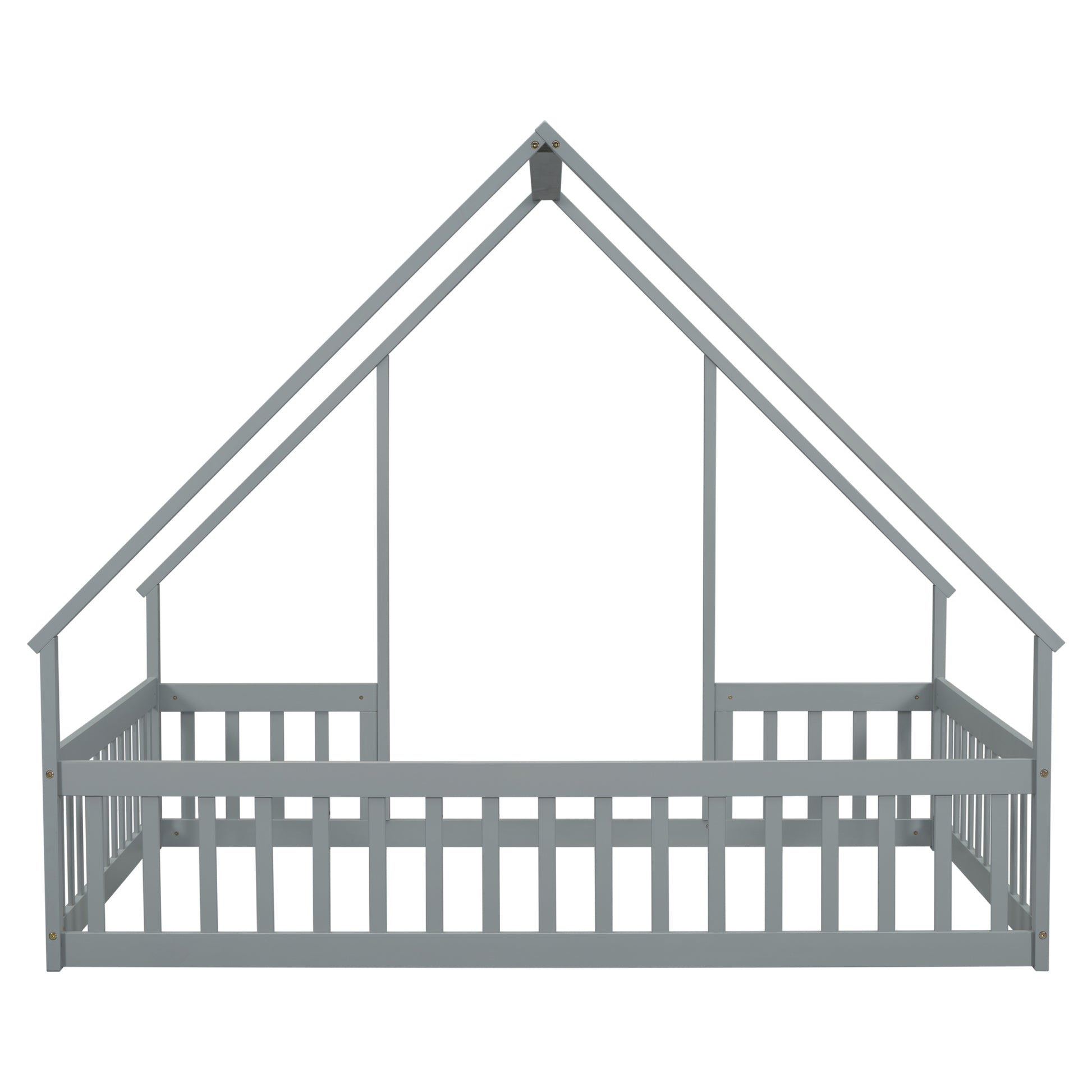 Full Wood House Shaped Floor Bed With Fence, Guardrails,Grey Full Grey American Design Pine