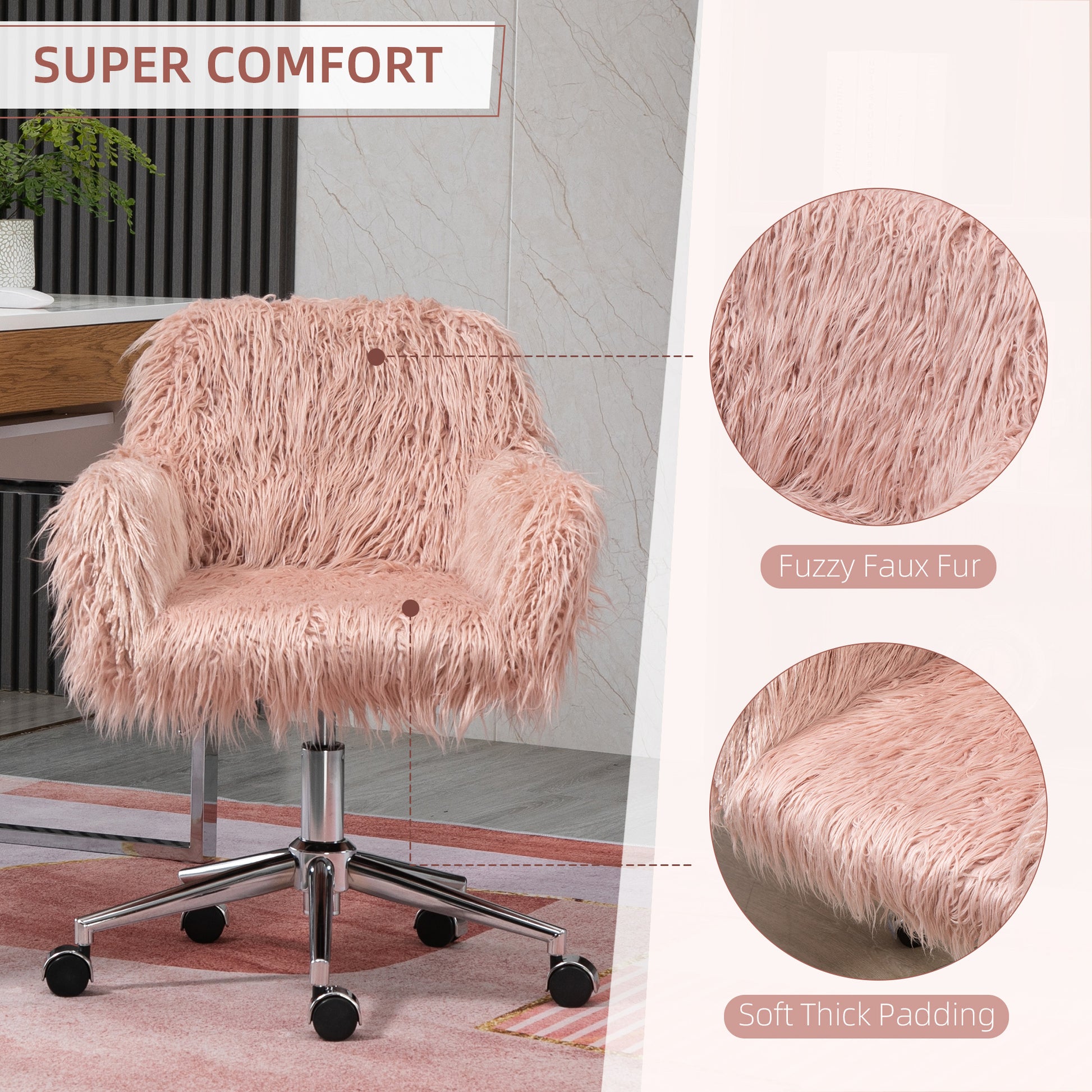 Vinsetto Faux Fur Desk Chair, Swivel Vanity Chair With Adjustable Height And Wheels For Office, Bedroom, Pink Pink Metal