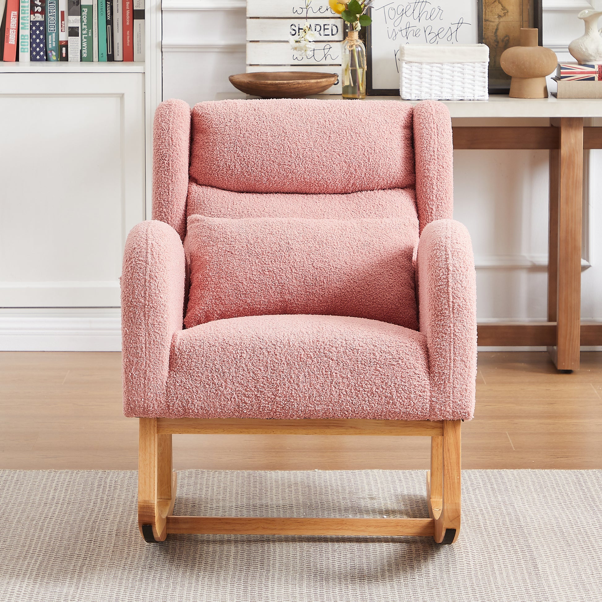 27.2"W Modern Accent High Backrest Living Room Lounge Arm Rocking Chair, Two Side Pocket Pink Foam Fabric
