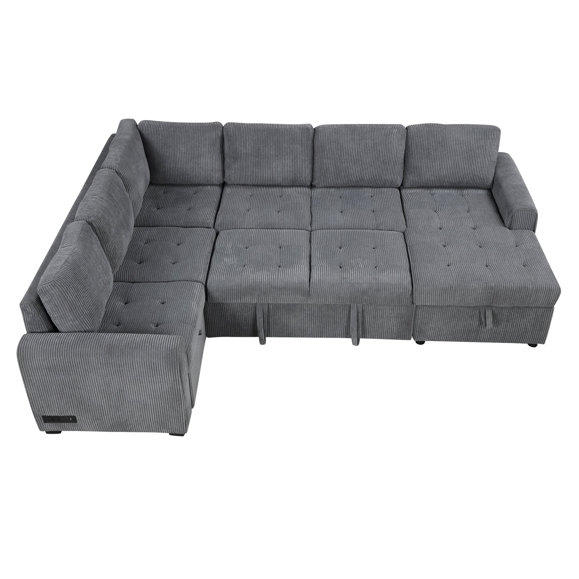 107.5" U Shaped Sofa Sectional Sofa Pull Out Sofa Bed With A Storage Chaise Lounge, Charging Devices For Living Room, Gray Gray Foam Corduroy 5 Seat