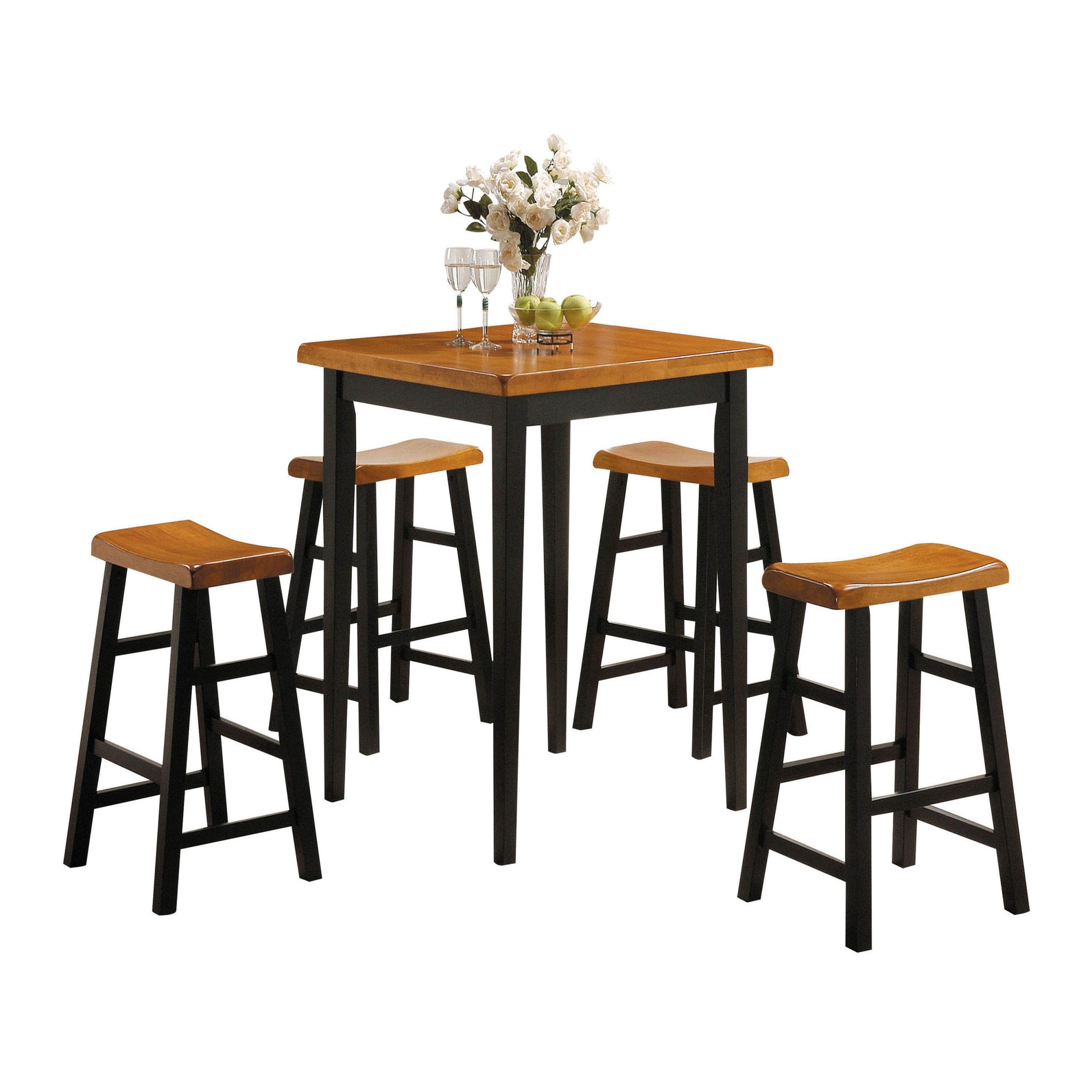 Oak And Black 5 Piece Counter Height Set With Saddle Stools Wood Dining Room Rubberwood Square Dining Table With Chair Wood Wood Black Brown Seats 4 36 Inches Farmhouse Square 4 Leg Wood