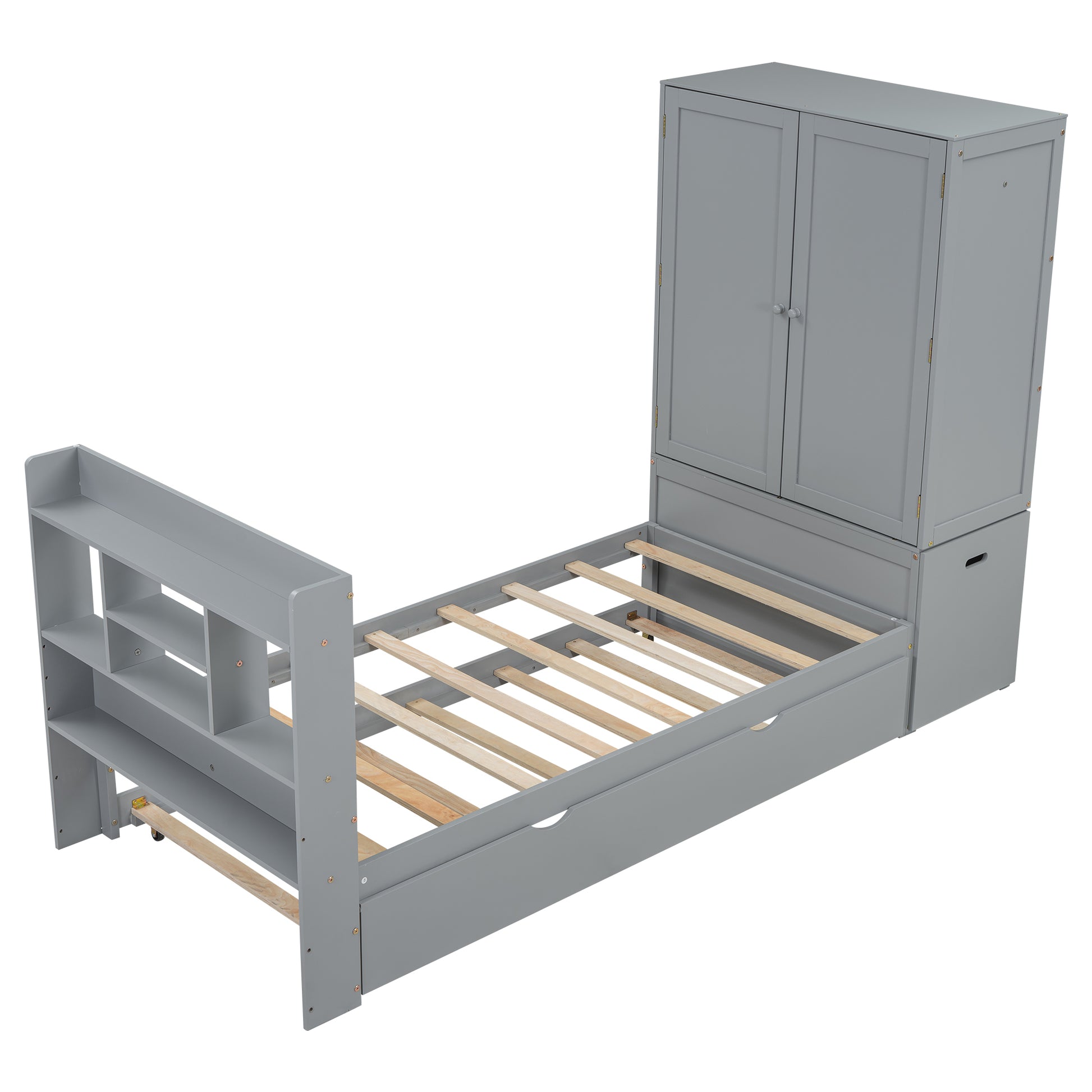 Twin Size Platform Bed With Storage Headboard And Footboard, Pull Out Shelves And Twin Size Trundle, Gray Box Spring Not Required Twin Gray Wood Bedroom Bed Frame Solid Wood Mdf