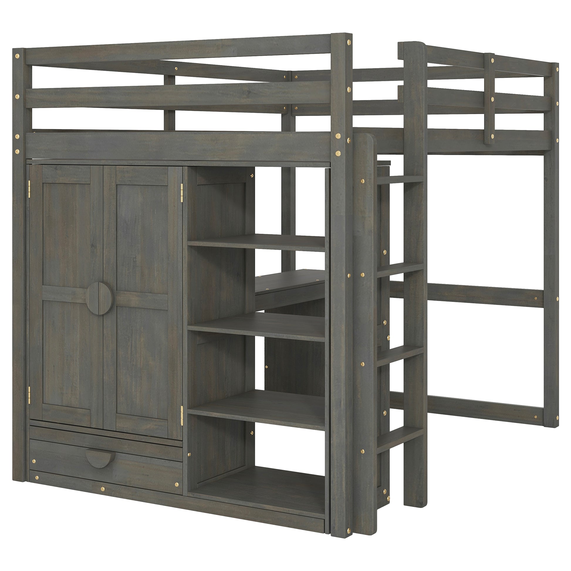 Wood Full Size Loft Bed With Built In Wardrobe, Desk, Storage Shelves And Drawers, Gray Box Spring Not Required Full Gray Wood Bedroom Solid Wood Mdf