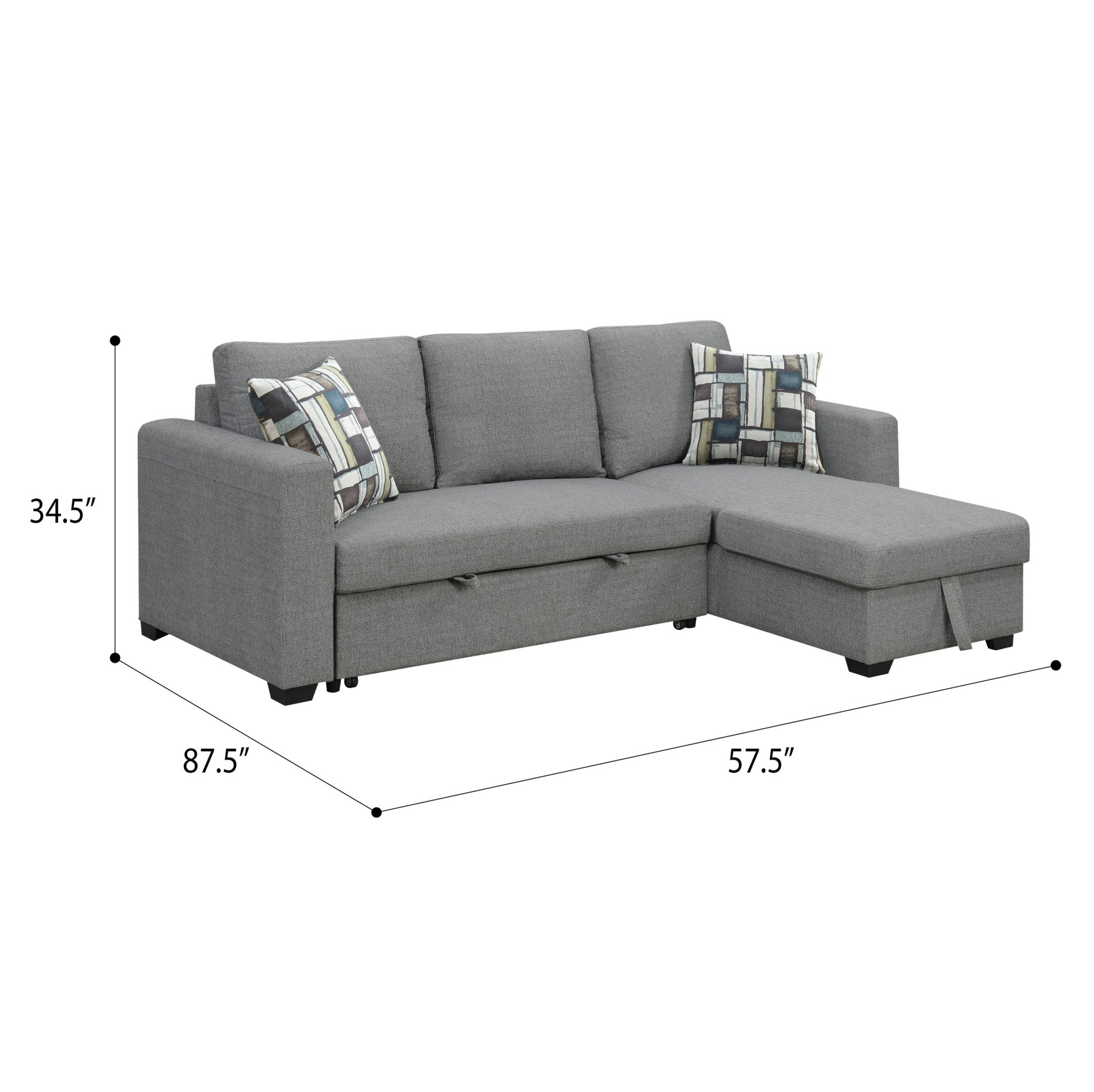 Pensole Gray Reversible Pop Up Sleeper Sectional Gray Foam Engineered Wood 3 Seat