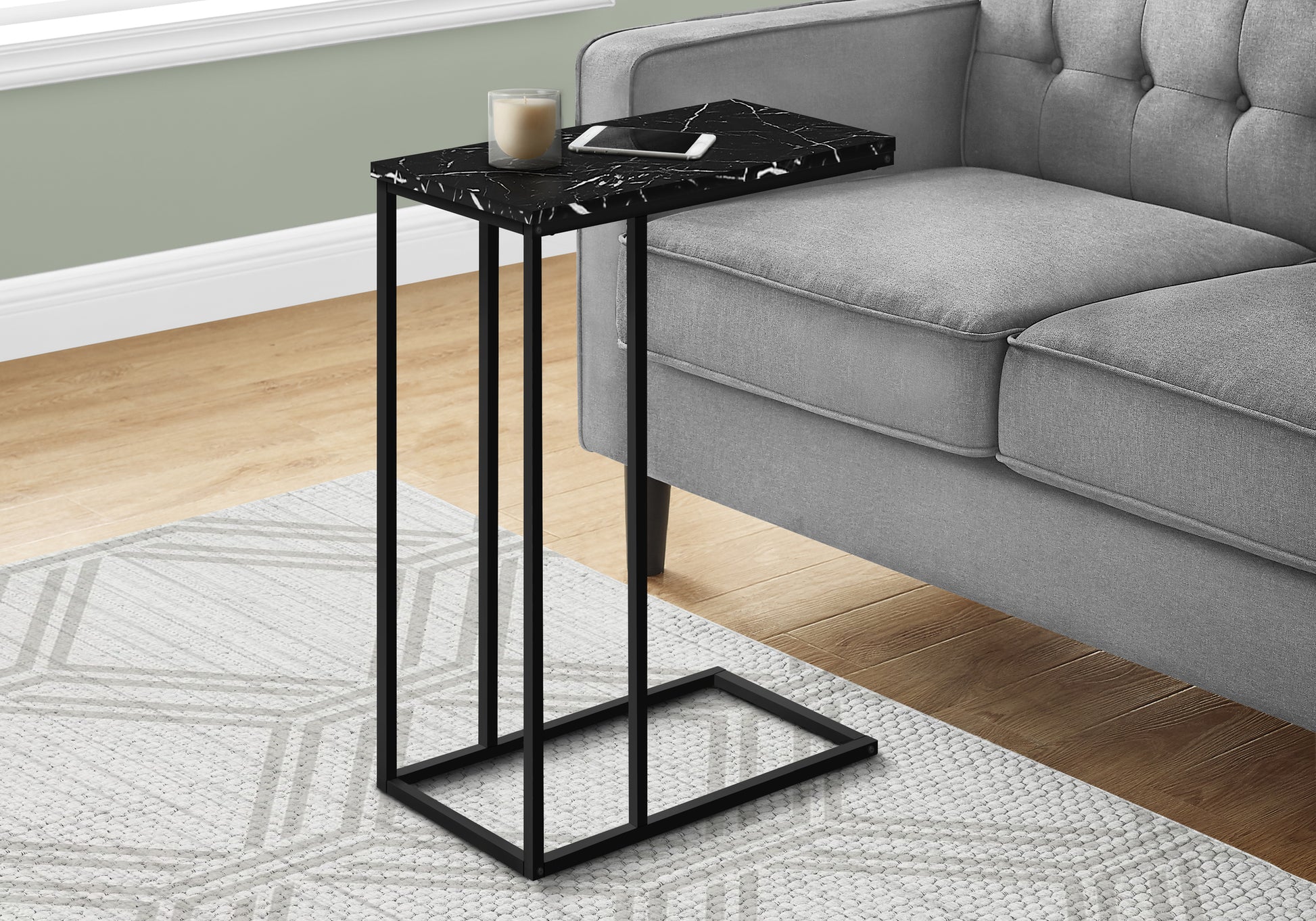 Accent Table, C Shaped, End, Side, Snack, Living Room, Bedroom, Black Marble Look Laminate, Black Metal, Contemporary, Modern Black Particle Board