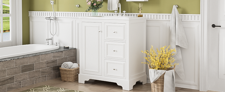 30 Inch Bathroom Vanity Cabinet With Ceramic Basin, 3 Drawers And Adjustable Shelves White Bathroom Solid Wood Mdf