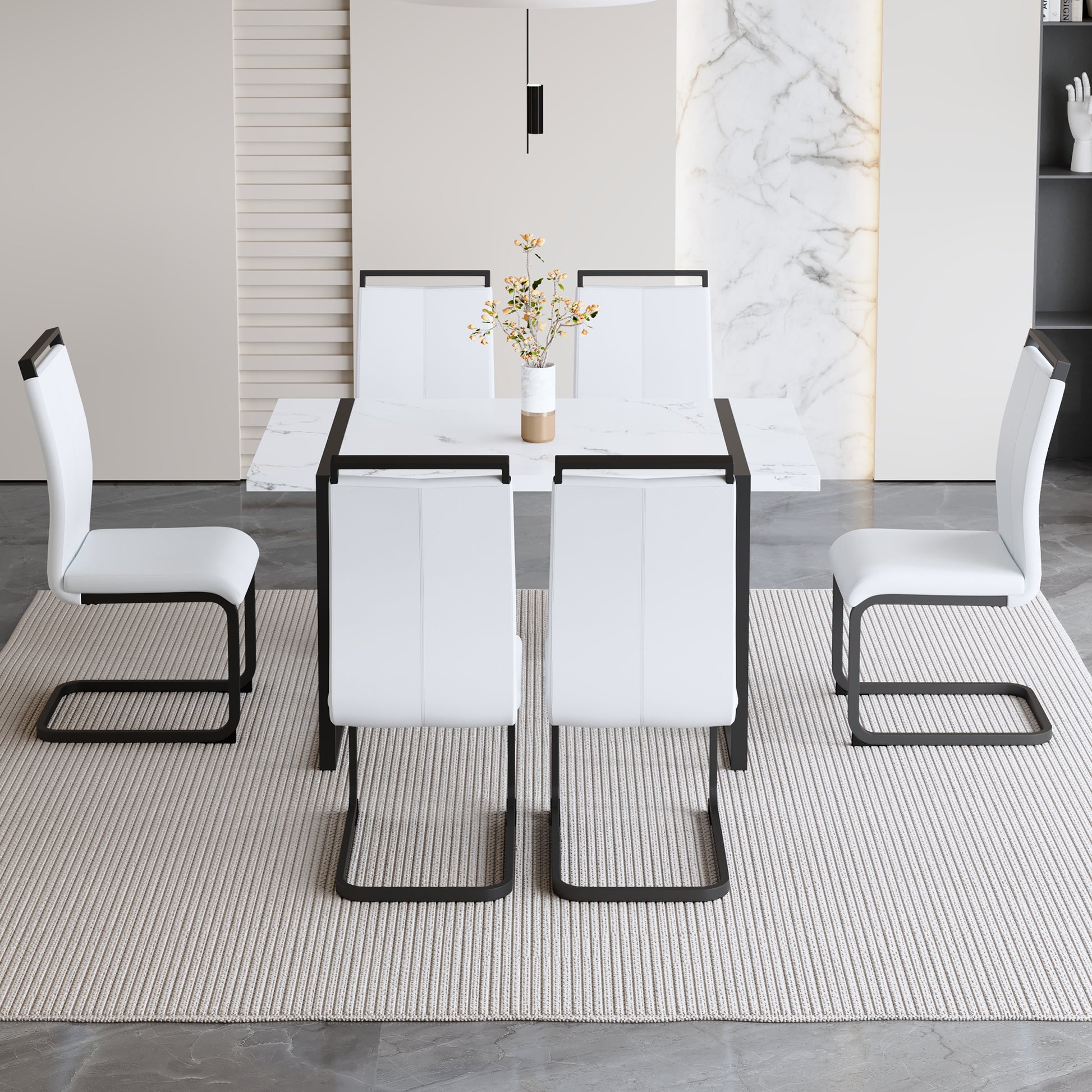 Table And Chair Set.A Modern Minimalist White Marble Veined Mdf Dining Table With Black Metal Frame.Paried With 6 Chairs With White Pu Cushions And C Tube Black Metal Legs. White Seats 6 Mdf Metal