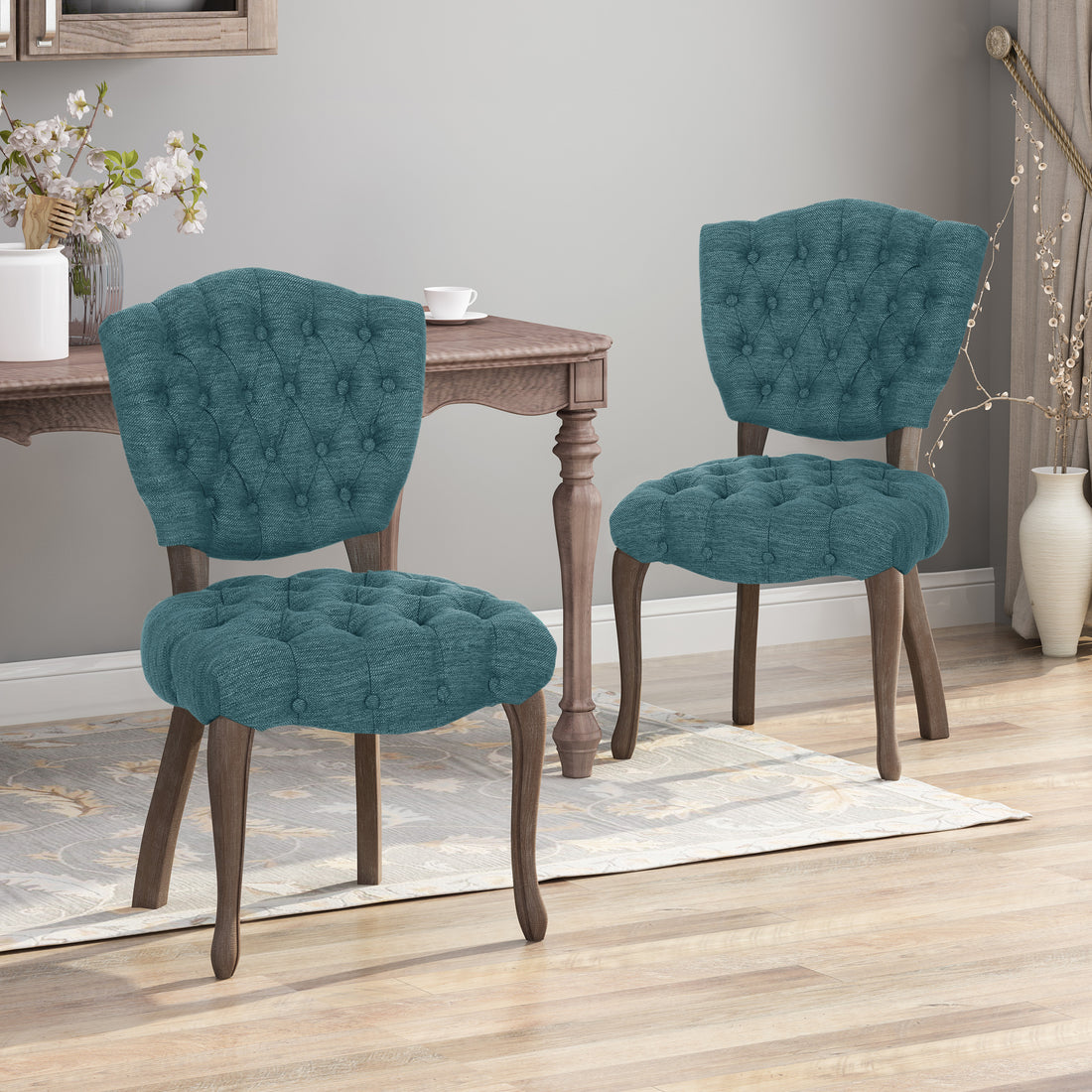 Kd Tufted Chair Wthr Set Of 2 Teal Fabric