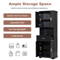 Tall Bathroom Cabinet With Four Doors, Large Storage Space Open Shelve, Upper Storage Cabinet, Black Black Mdf