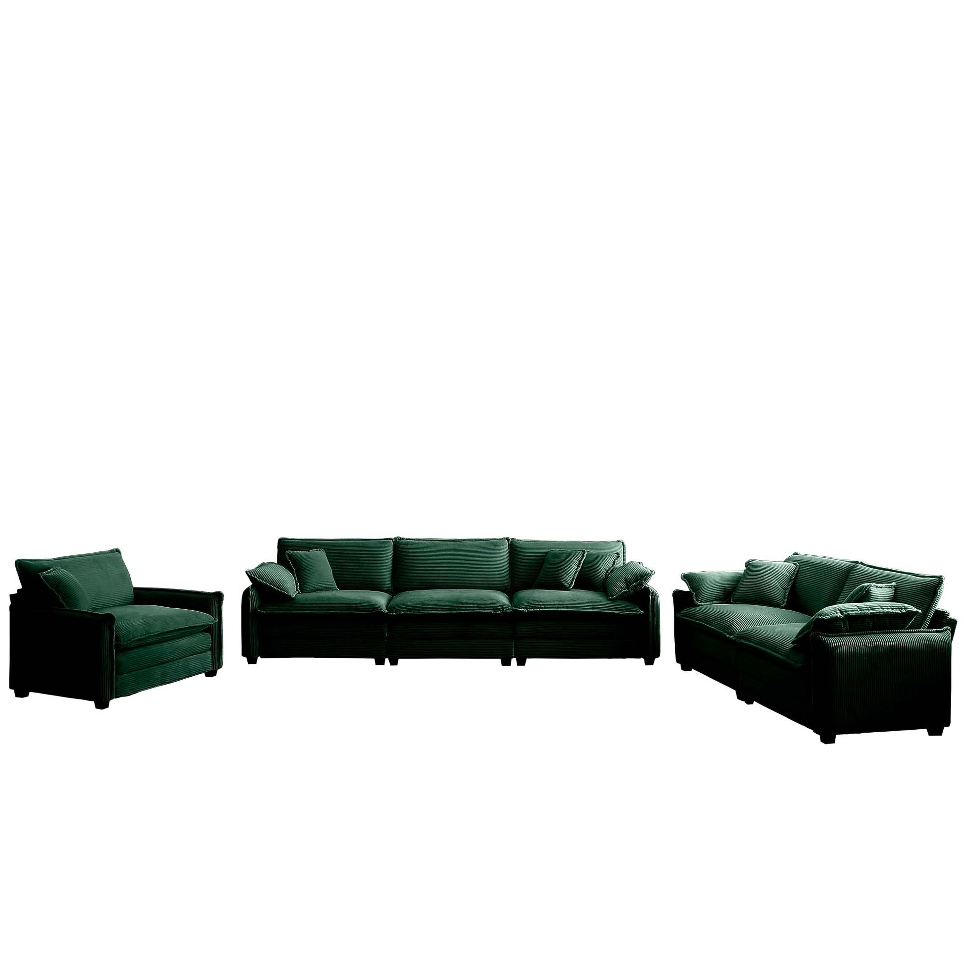 3 Piece Comfortable Oversized Sectional Sofa, One Single Sofa And One 2 Seater Sofa And One 3 Seater Sofa ,Green Corduroy Deep Seat Sofa Green Corduroy 6 Seat