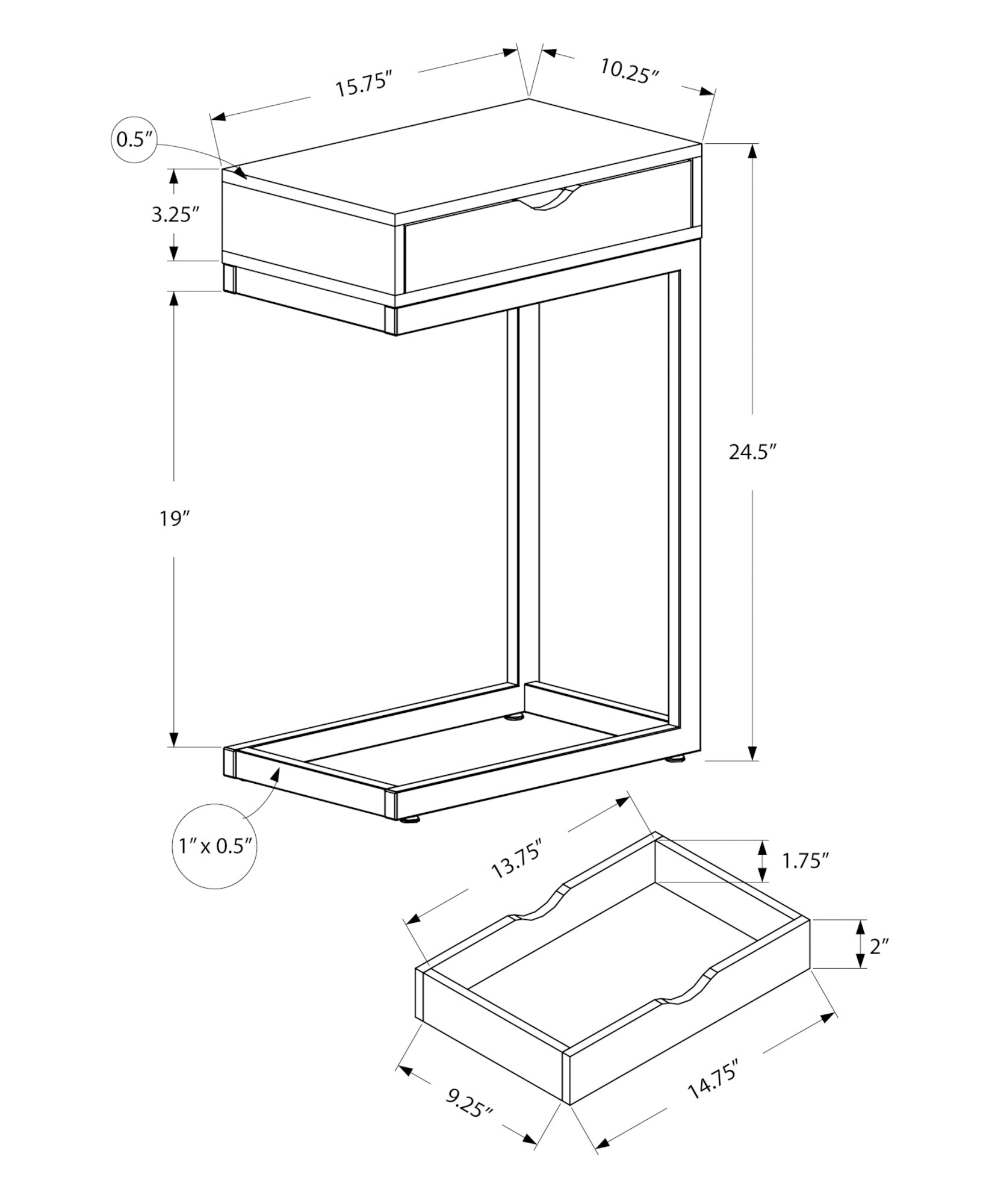 Accent Table, C Shaped, End, Side, Snack, Storage Drawer, Living Room, Bedroom, Grey Laminate, Black Metal, Contemporary, Modern Grey Particle Board