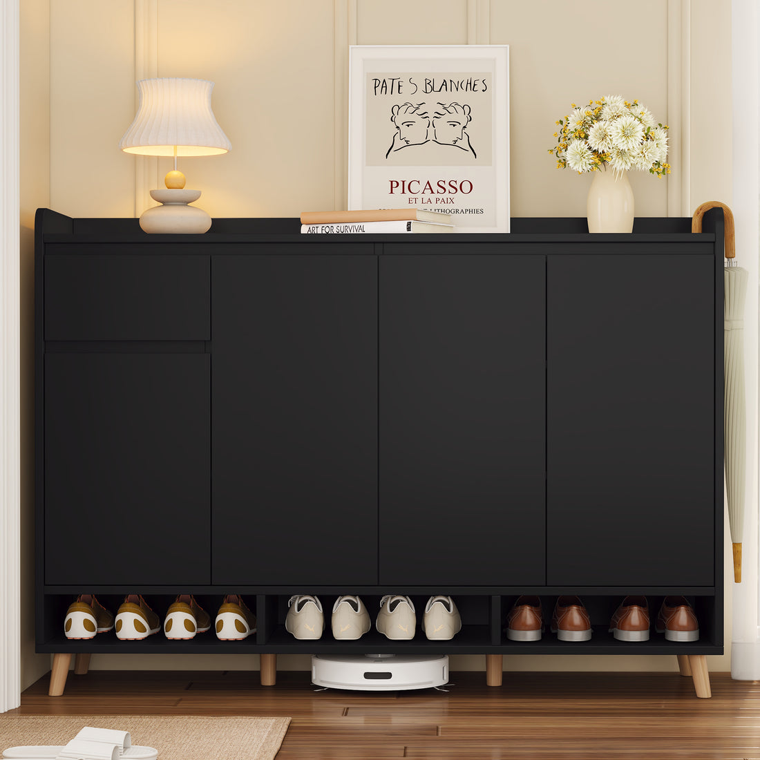 Sleek And Contemporary Shoe Cabinet With Adjustable Shelves, Minimalist Home Organizer With Solid Wood Legs, Storage Sideboard For Entryway, Living Room, Black Black Primary Living Space Particle Board