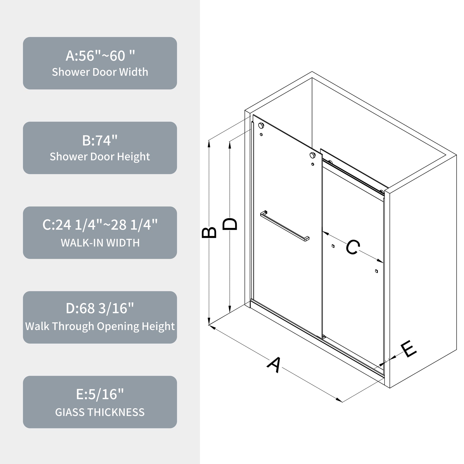 Bypass Shower Door, Sliding Door, With 5 16" Tempered Glass And Polished Chrome Finish 6074 Chrome Bathroom Stainless Steel