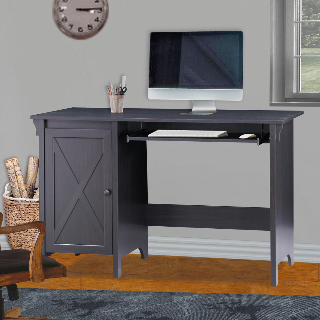 47" Writing Desk "Chic Espresso Writing Desk With Keyboard Tray And Enclosed Adjustable Shelf Cabinet Home Office And Study" Espresso Solid Wood