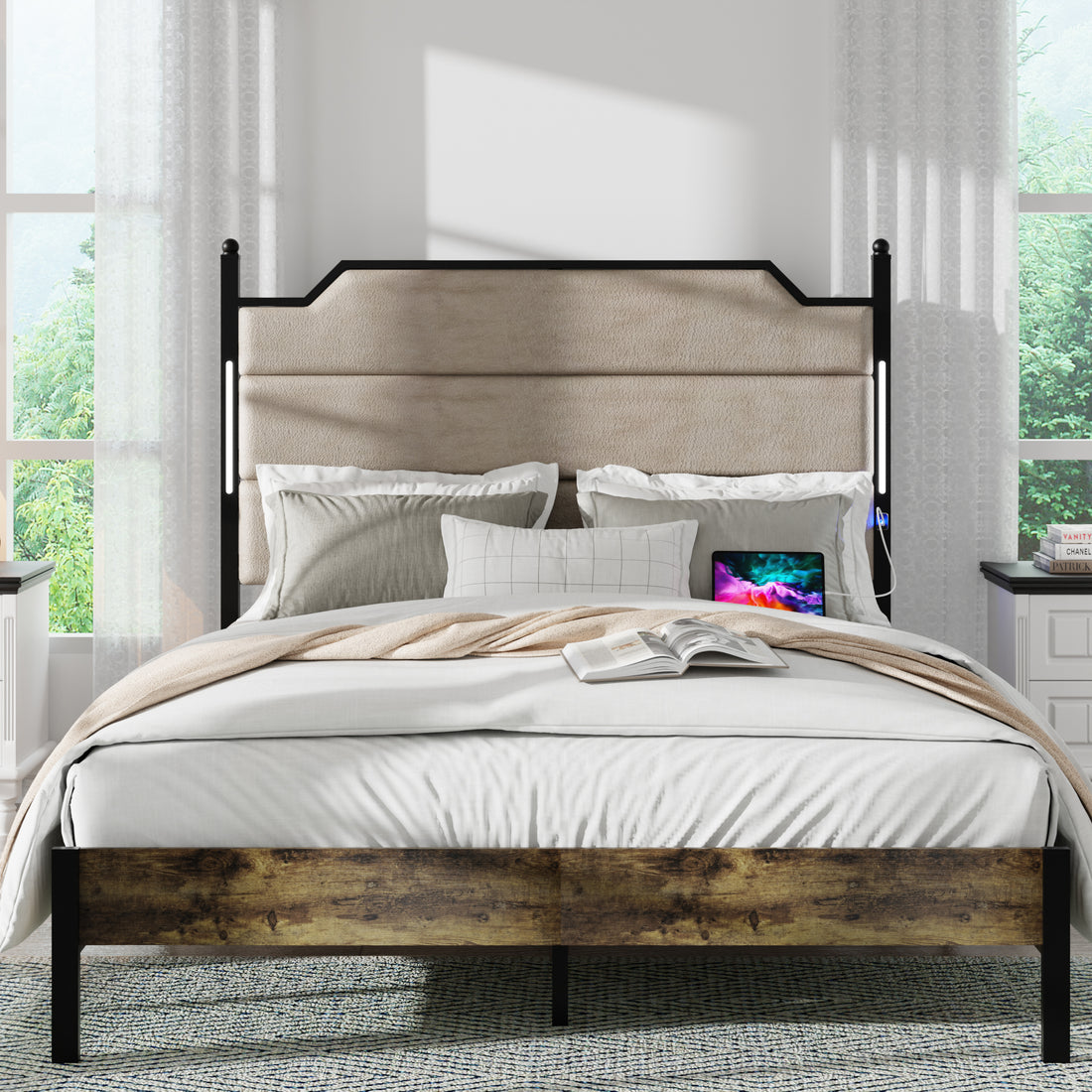 Queen Size Bed Frame With Upholstered Headboardqueen Bed Frame With Charging Station And Led Lights, Wood Slats, Easy Assembly,No Box Spring Needed,Industrial Brown Box Spring Not Required Queen Brown Metal Bedroom Modern Bed Frame Mdf Metal
