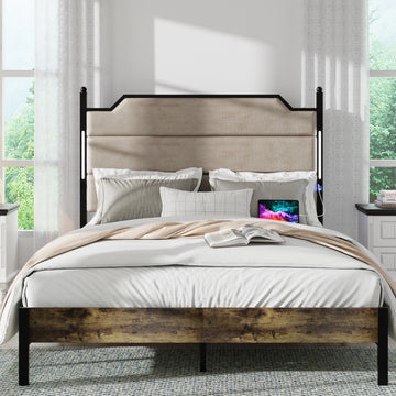 Queen Size Bed Frame With Upholstered Headboardqueen Bed Frame With Charging Station And Led Lights, Wood Slats, Easy Assembly,No Box Spring Needed,Industrial Brown Box Spring Not Required Queen Brown Metal Bedroom Modern Bed Frame Mdf Metal