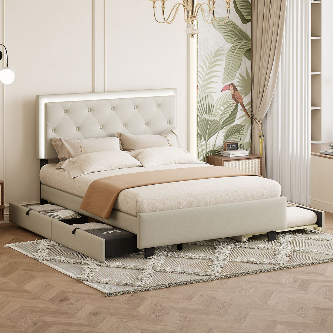 Queen Size Velvet Storage Platform Bed, With 2 Big Drawers, Twin Xl Size Trundle And Led Light, Beige Beige Velvet
