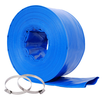 3"X100Ft Pool Backwash Hose, Blue Heavy Duty Reinforced Pvc Lay Flat Water Discharge Hose For Swimming Pool Filter Pump,With 2 Clamp Blue Pvc