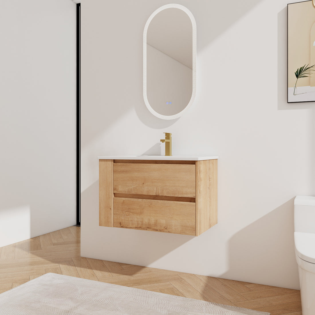 30" Wall Mounting Bathroom Vanity With Ceramic Sink, 2 Soft Close Drawer 2 Imitative Oak 1 Bathroom Wall Mounted Modern Plywood