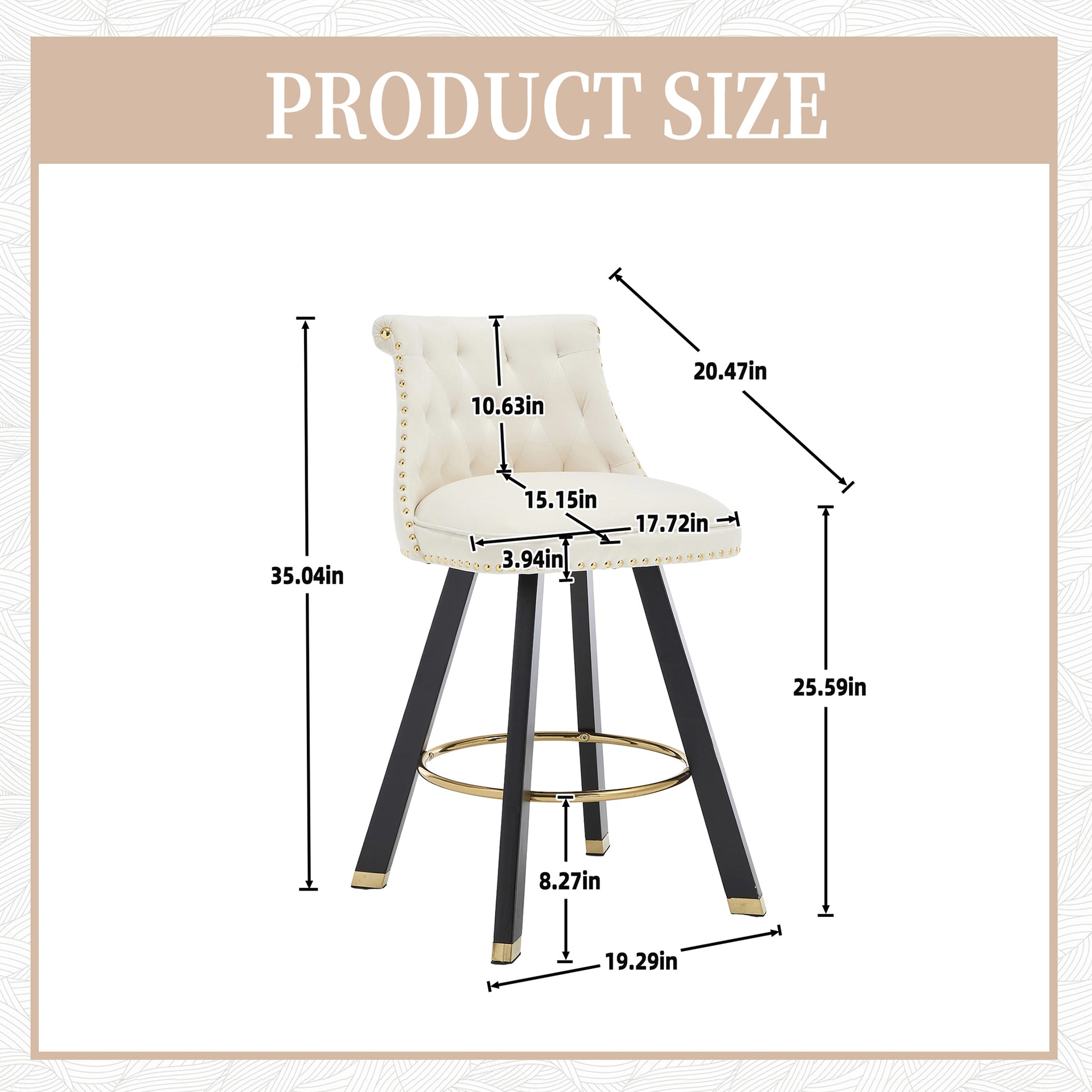 Coolmore Set Of 2,Back Pull Point Design, Velvet Material, 360 Degree Rotation, Back Pull Loop Detachable Design, Rivet Decoration, Square Foot Wooden Bar Chair Beige Velvet