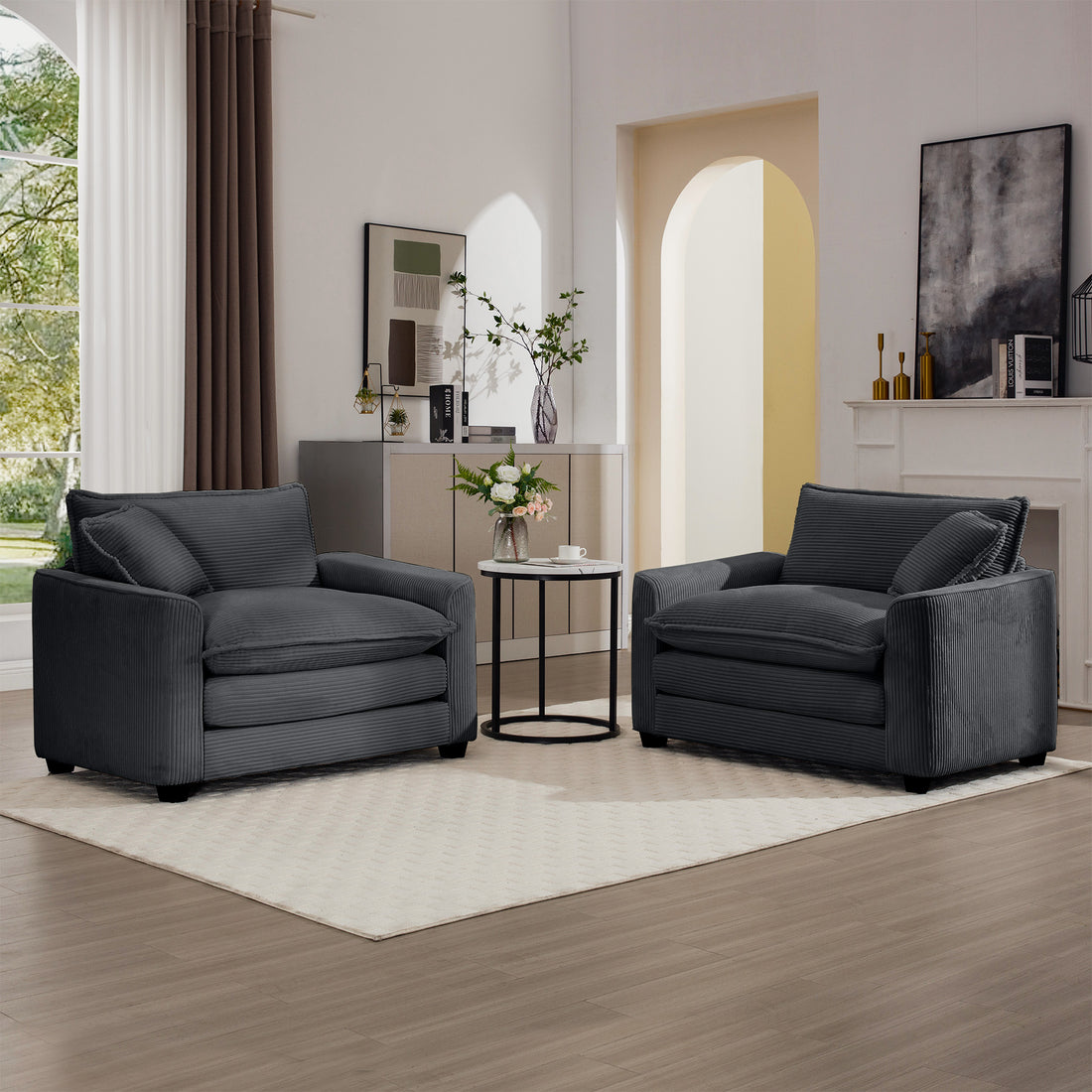 Luxurious And Sophisticated Deep Seated Sofa Set With Two Single Chairs In Grey Corduroy Fabric, Suitable For Bedroom And Office Grey Corduroy 2 Seat