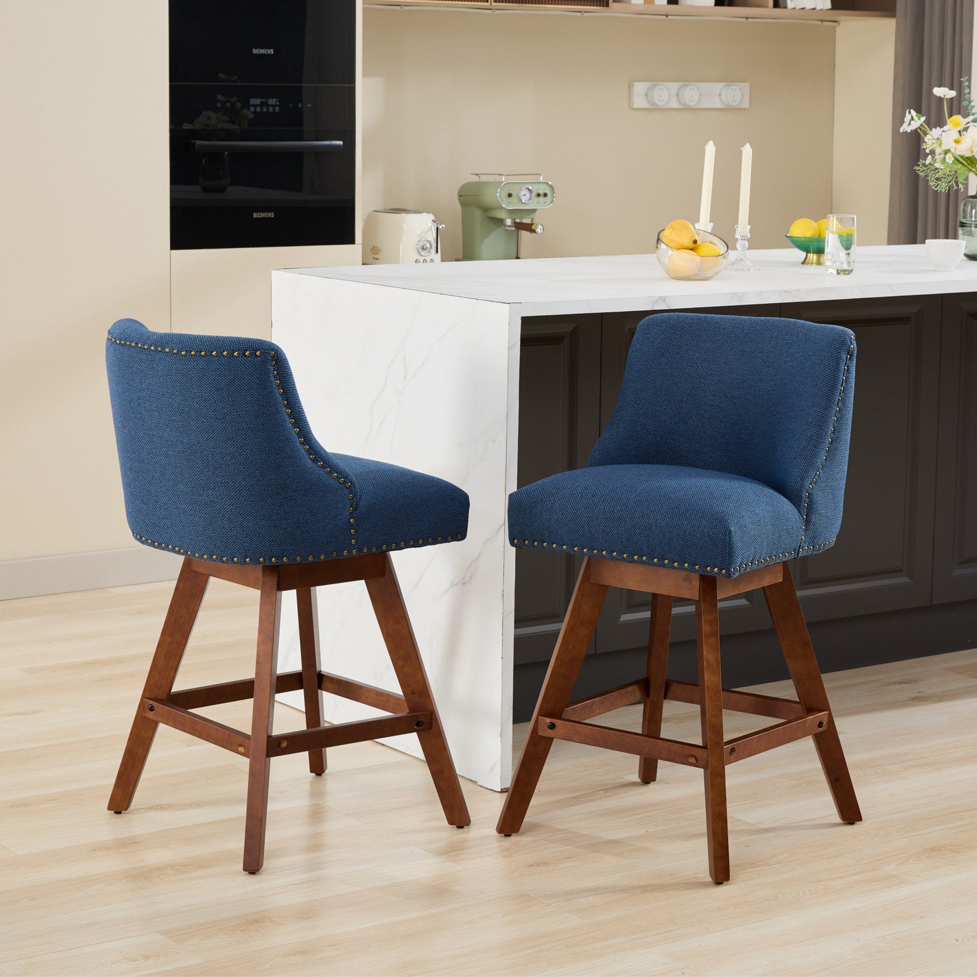 Counter Height Swivel Barstools, 26'' H Seat Height Upholstered Bar Stools Set Of 2, Fabric In Blue Blue Dining Room American Design Rubberwood Set Of 2 Foam Wood Fabric