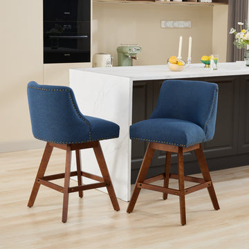 Counter Height Swivel Barstools, 26'' H Seat Height Upholstered Bar Stools Set Of 2, Fabric In Blue Blue Dining Room American Design Rubberwood Set Of 2 Foam Wood Fabric