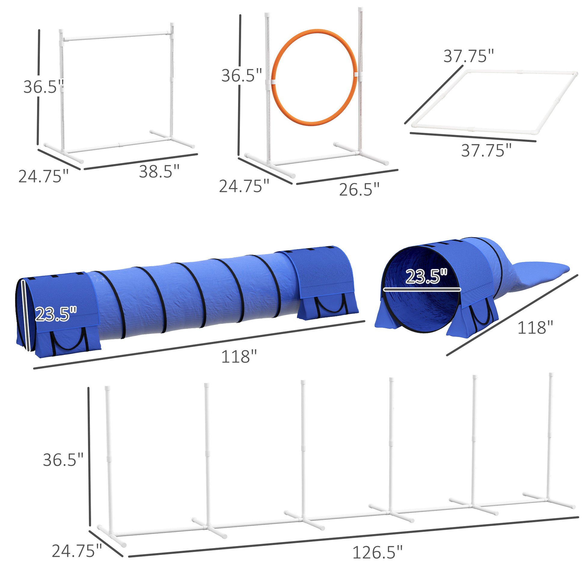 Pawhut 7 Piece Dog Agility Training Equipment, Dog Obstacle Course Starter Kit With Tunnels, Weave Poles, Adjustable Hurdles, Jumping Ring, Pause Box, Whistle, Blue Blue Plastic