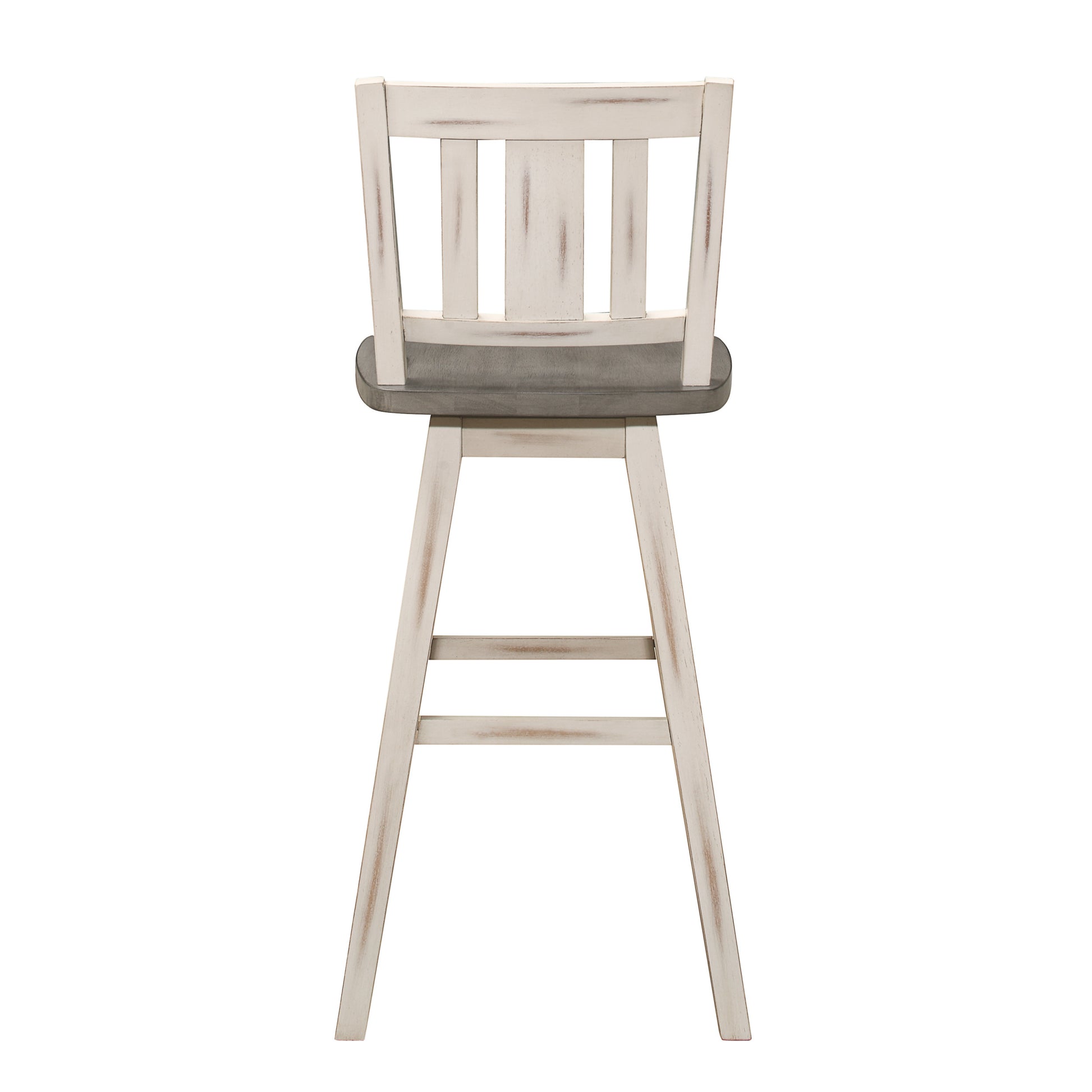 Pub Height Chairs Set Of 2, Distressed Gray And White 360 Degree Swivel Chair Solid Rubberwood Furniture, Vertical Slat Back Bar Chairs White Gray Dining Room Rustic Slat Back Solid Wood