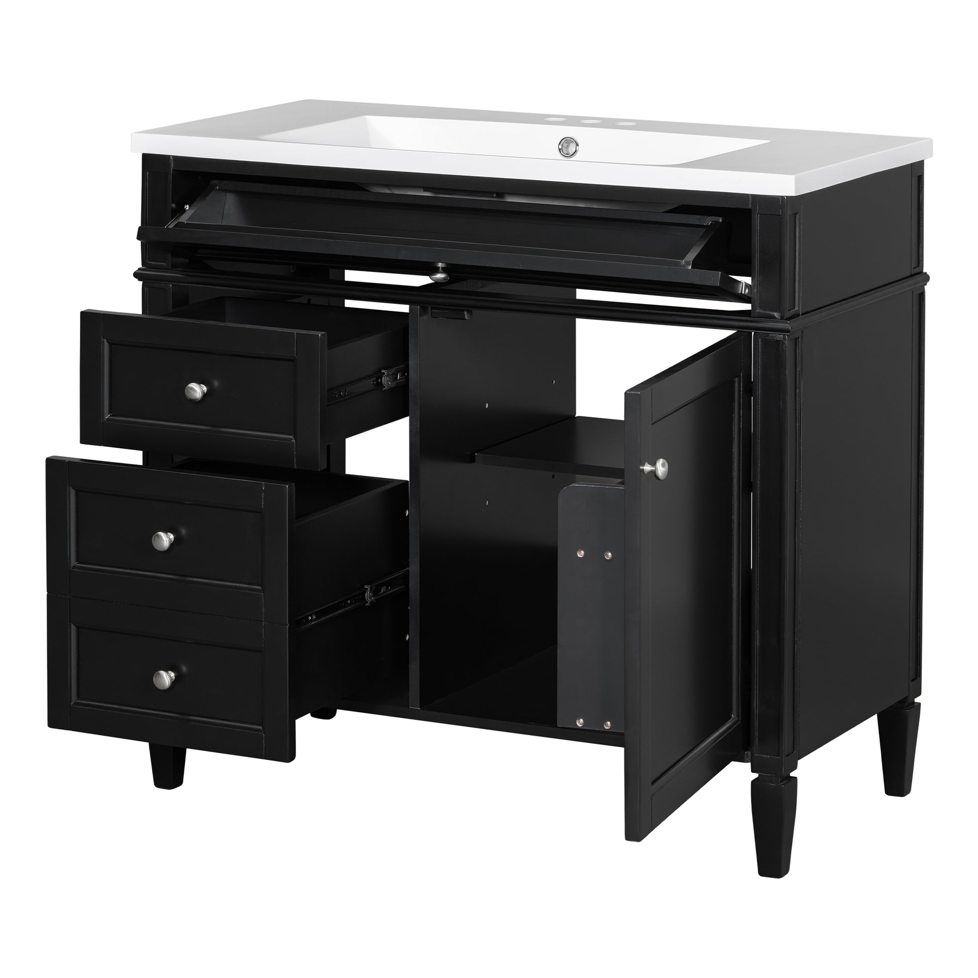 36'' Bathroom Vanity With Top Sink, Modern Bathroom Storage Cabinet With 2 Drawers And A Tip Out Drawer, Single Sink Bathroom Vanity Black Bathroom Solid Wood Mdf