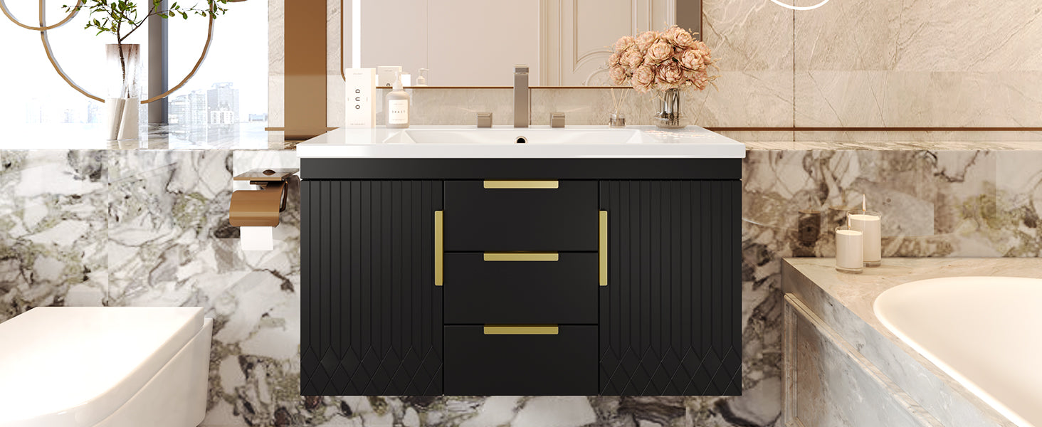 36'' Wall Mounted Bathroom Vanity With Resin Sink, Floating Bathroom Storage Cabinet With 2 Drawers, Solid Wood Bathroom Cabinet Black Bathroom Modern Mdf