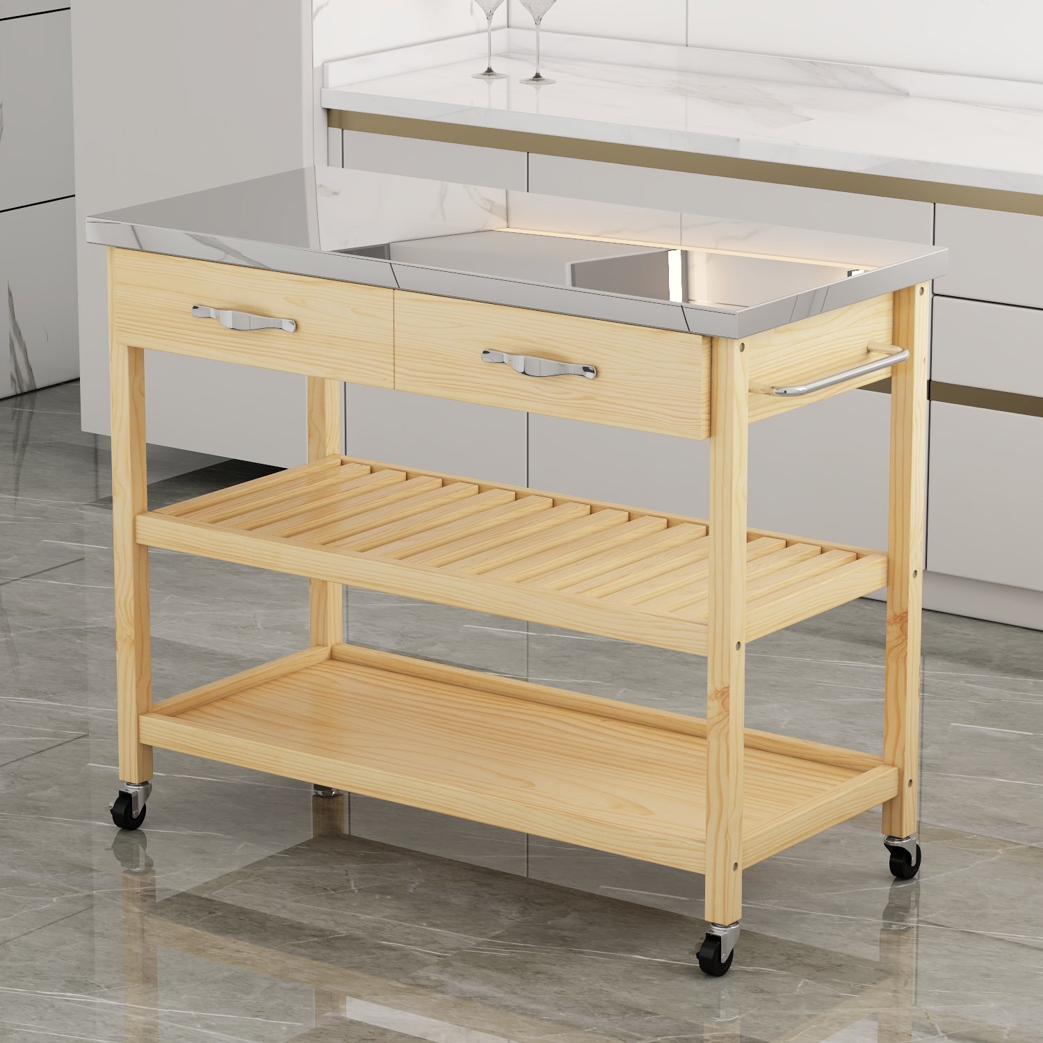 Stainless Steel Countertop Solid Wood Kitchen Cart With Storage Drawers And Shelves, Rotatable Kitchen Island With Steel Table Top And Tower Rack, Rolling Utility Trolley Cart For Kitchen And Dining Burly Wood Kitchen Classic,Contemporary Rectangular