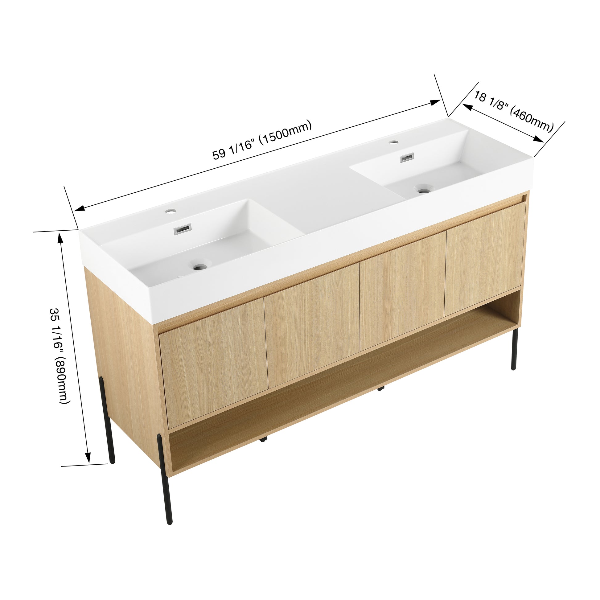 60" Bathroom Vanity Combo W Single Ceramic Sink, Modern Storage Cabinet Set 2 Door, Multilayer Solid Wood, Oak Oak Bathroom American Design Engineered Wood