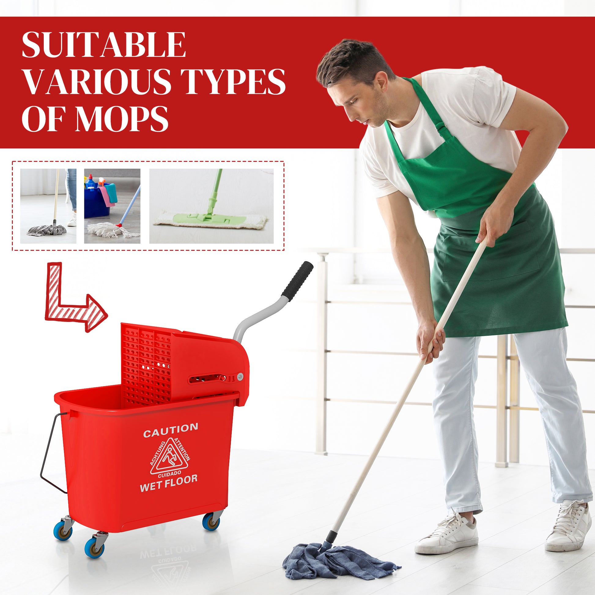 Homcom Mop Bucket With Wringer On Wheels For Floor Cleaning, 21 Quart, Separate Dirty And Clean Water, Red Red Plastic