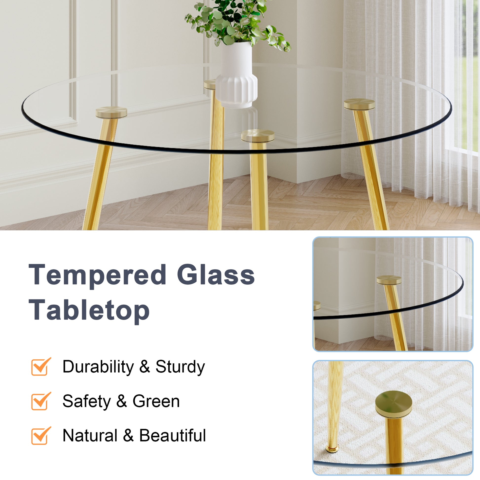 A Modern Minimalist Style Round Transparent Tempered Glass Table With Gold Metal Legs, Paired With 4 Modern Pu Leather High Back Dining Chairs, Bring A Luxurious Experience. Black Seats 4 Glass Metal