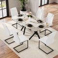 1 Table And 6 Chairs Set.A Rectangular Dining Table With A 0.39 Inch Imitation Marble Tabletop And Black Metal Legs.Paired With 6 Chairs With Pu Leather Seat Cushion And Black Metal Legs.F 1538,C 001 White Black Glass Metal