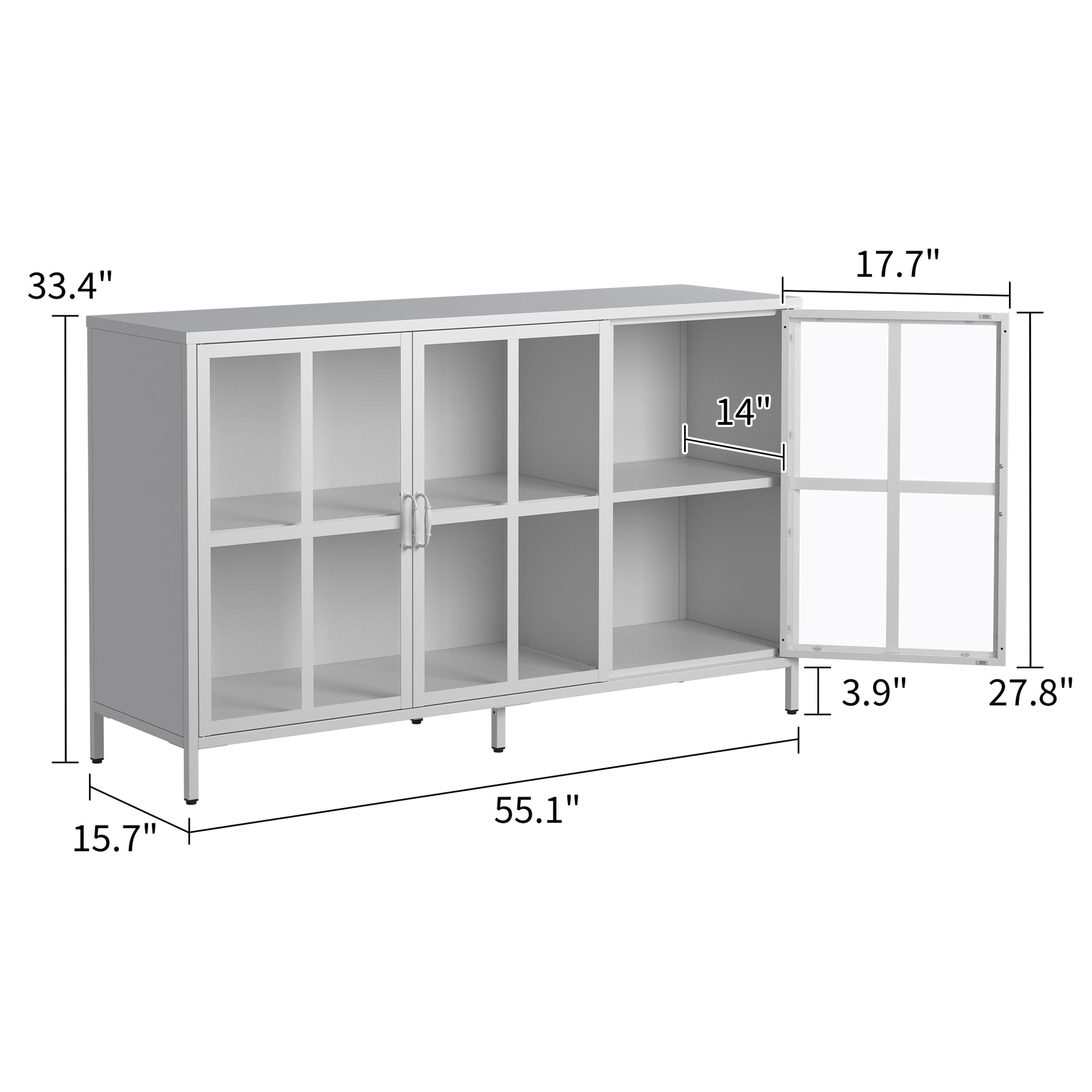 Heavy Duty Metal Modern Sideboard Buffet Cabinet With Storage Premium Steel Storage Cabinet ,Adjustable Feet,Glass Doors,Large Capacity Organizer Accent Chests 3 4 Spaces Antique White Primary Living Space Glass Doors Modern Metal Metal