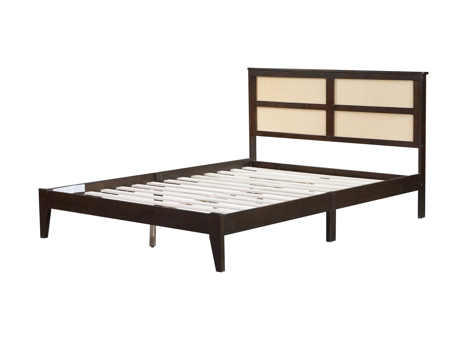 Queen Size Rubber Wooden, Solid Wooden Bed With Rattan Headboard, Enhanced By Support Feet,Espresso Queen Espresso Rubber Wood