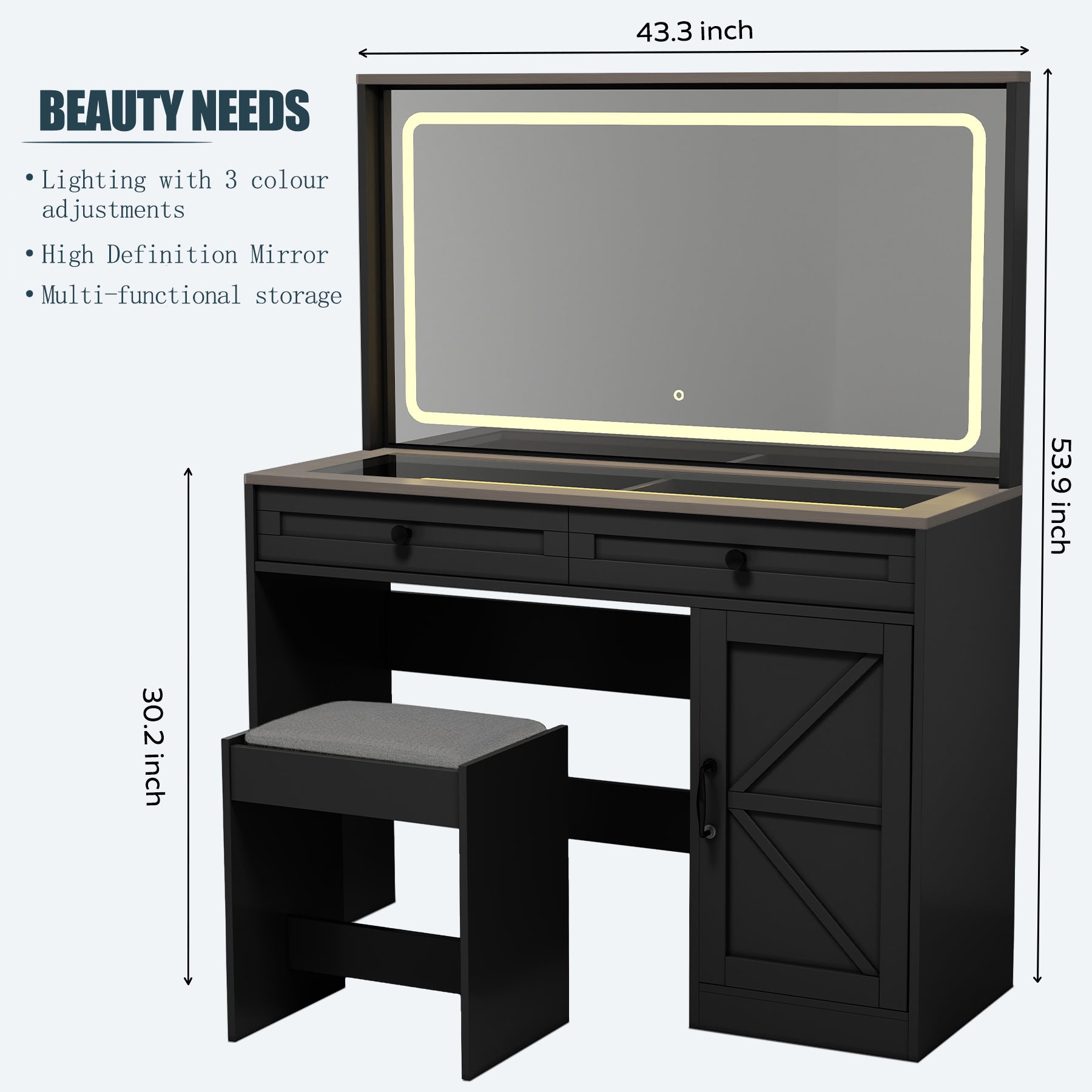 43.3"Makeup Vanity Table, Makeup Table With Large Mirror And Led Light Strip, Brightness Adjustable, Dressing Table Desk With 3 Drawers, Vanity Desk For Women Black With Stool Black Particle Board