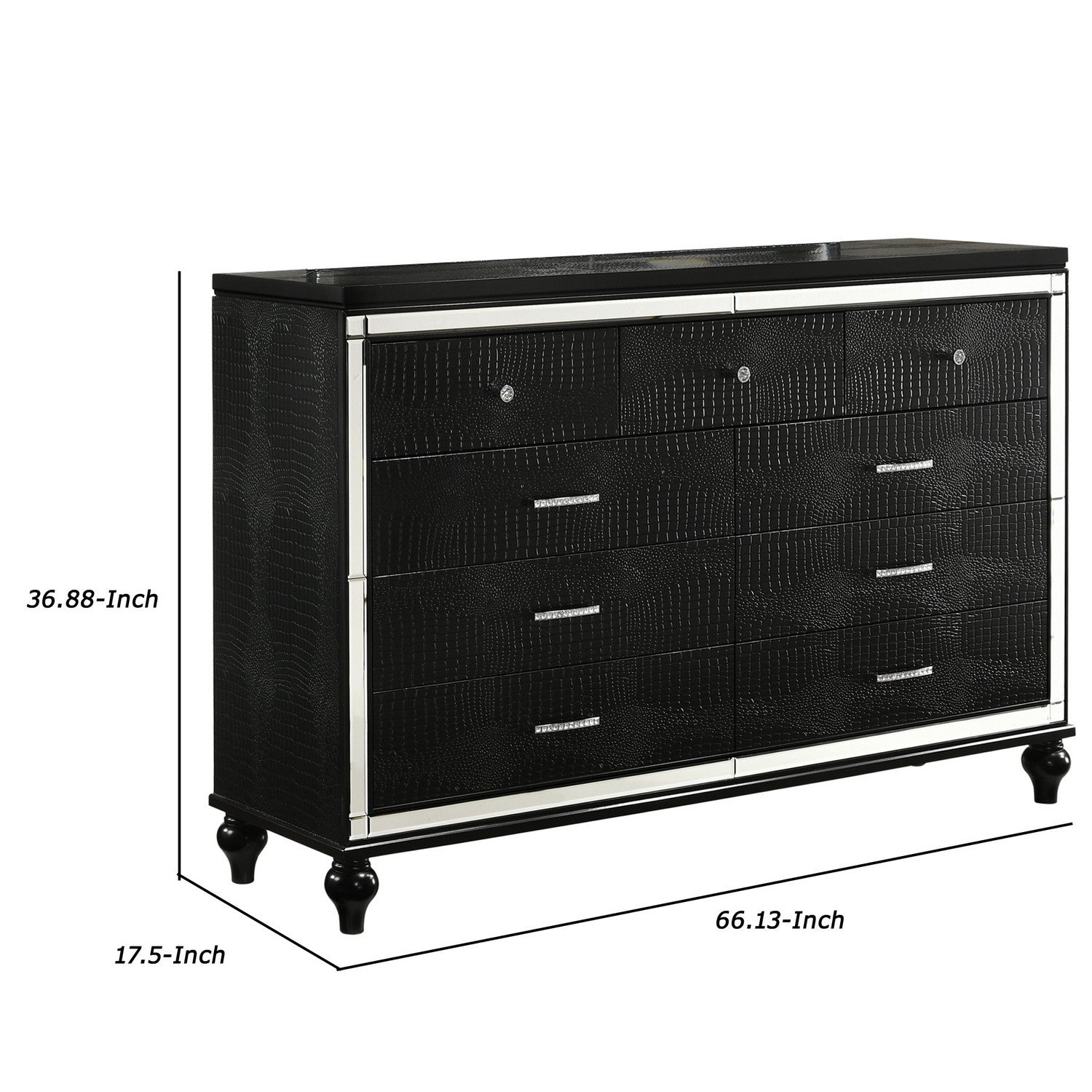 9 Drawer Wooden Dresser With Embossed Texture And Mirror Accents, Black Black Wood