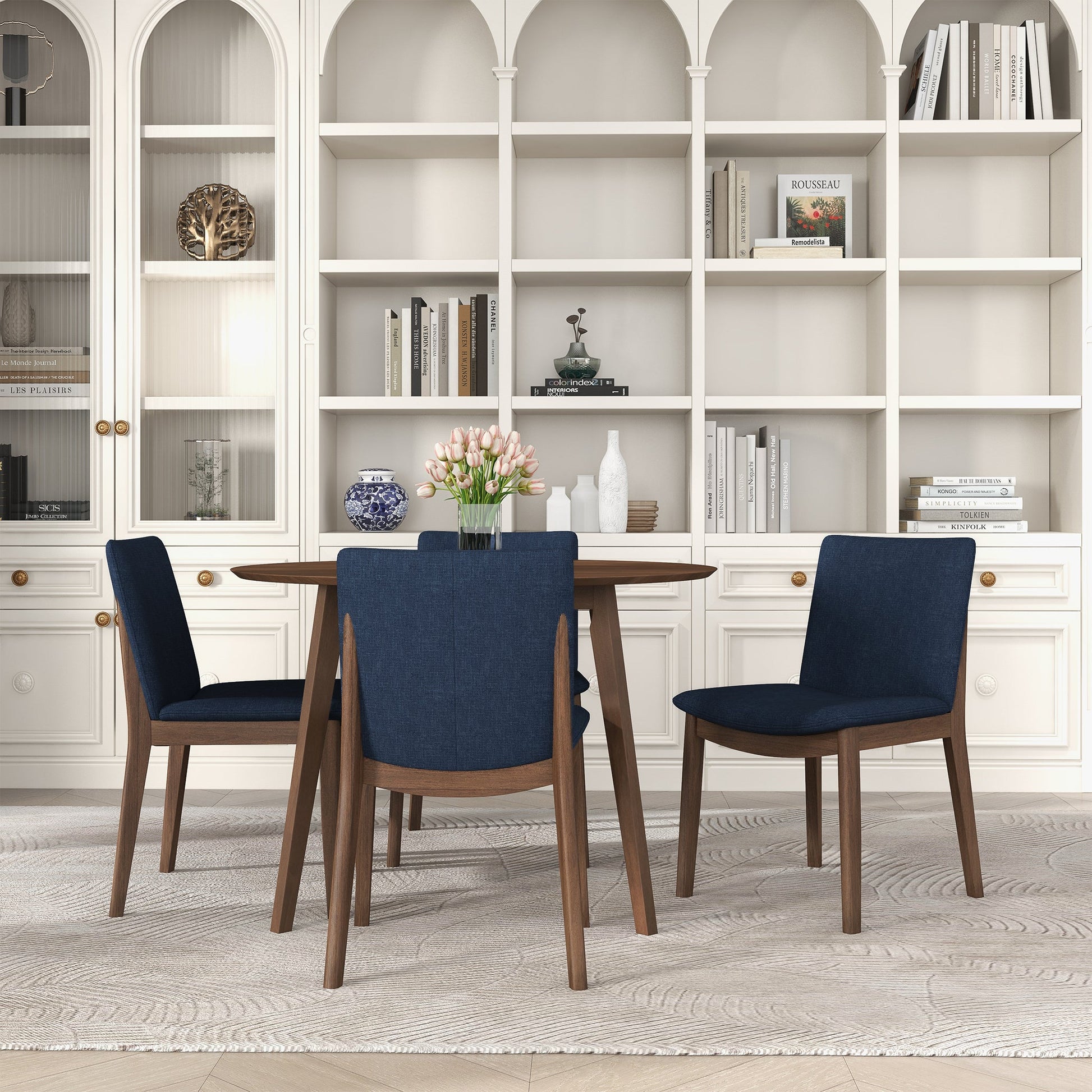 Laura Blue Linen Solid Wood Dining Chair Set Of Dark Blue,Dark Brown