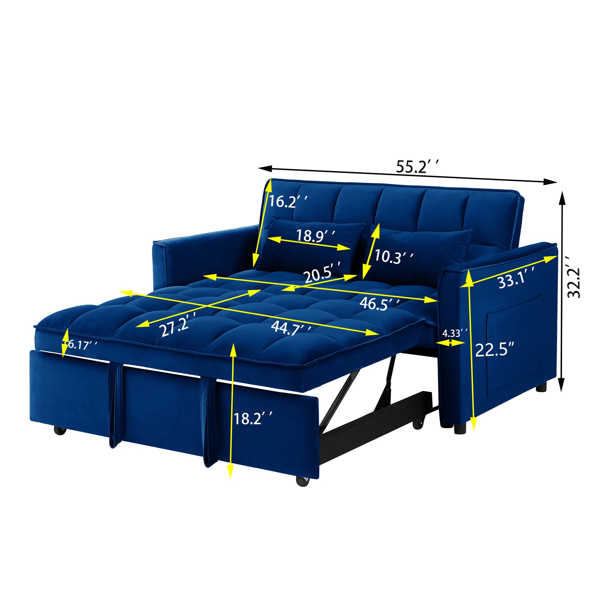 55.1 Inch 3 In 1 Convertible Sofa Bed, Modern Velvet Double Sofa Futon Sofa Bed With Adjustable Back, Storage Bag And Pillow, For Living Room, Bedroom Blue Blue Metal & Wood 2 Seat