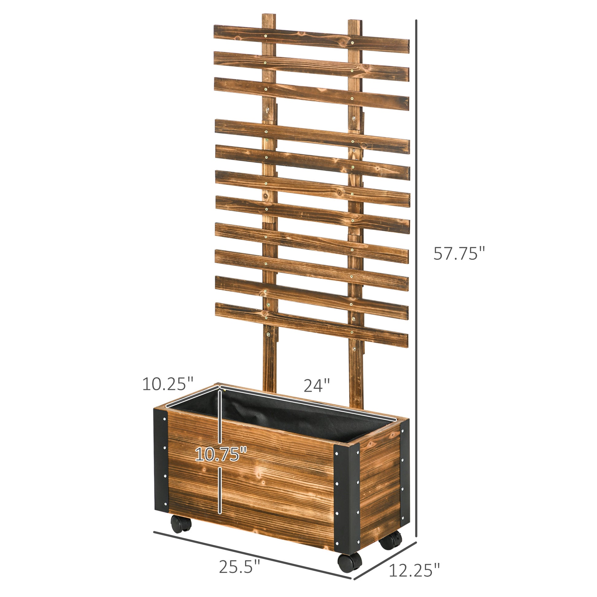 Outsunny Raised Garden Bed With Trellis, 58" Outdoor Wooden Planter Box With Wheels, For Vine Plants Flowers Climbing And Planting, Brown Brown Green Wood