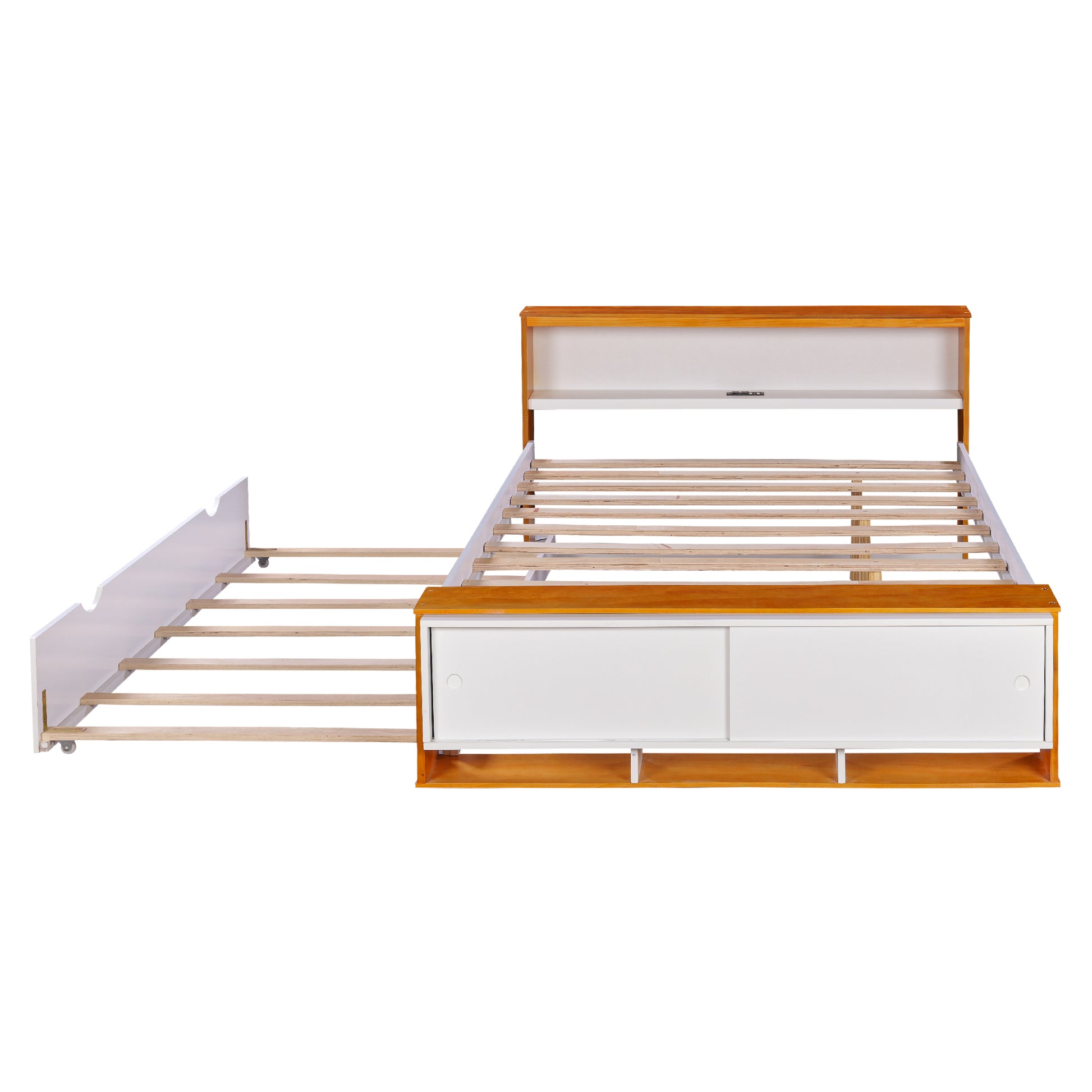 Full Size Platform Bed With Trundle,Storage Headboard And Footboard,Usb Charging Design,White Natural Full White Natural Solid Wood Mdf