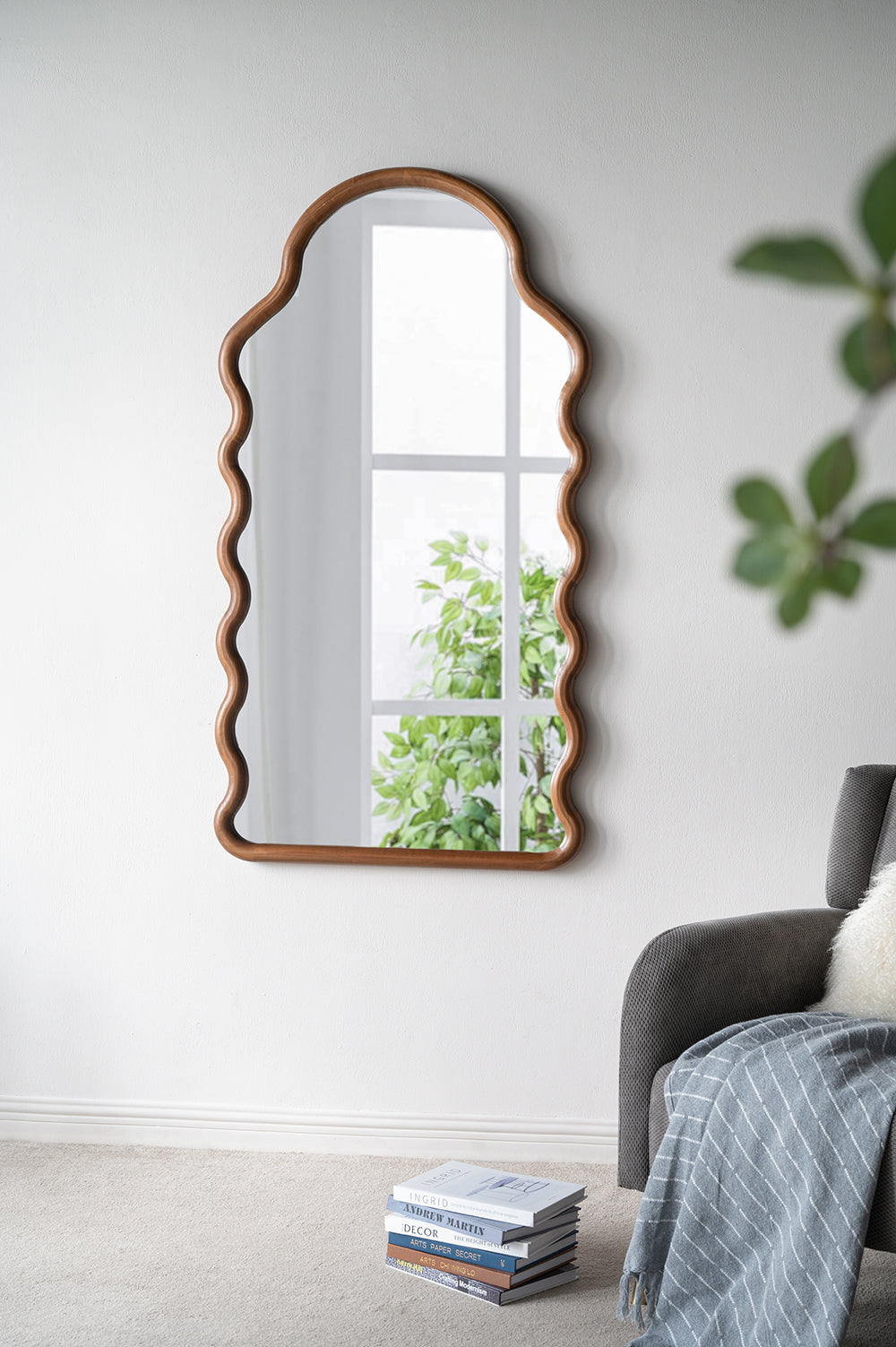 30X1.5X55" Arch Wood Mirror With Unique Frame Brown Pine