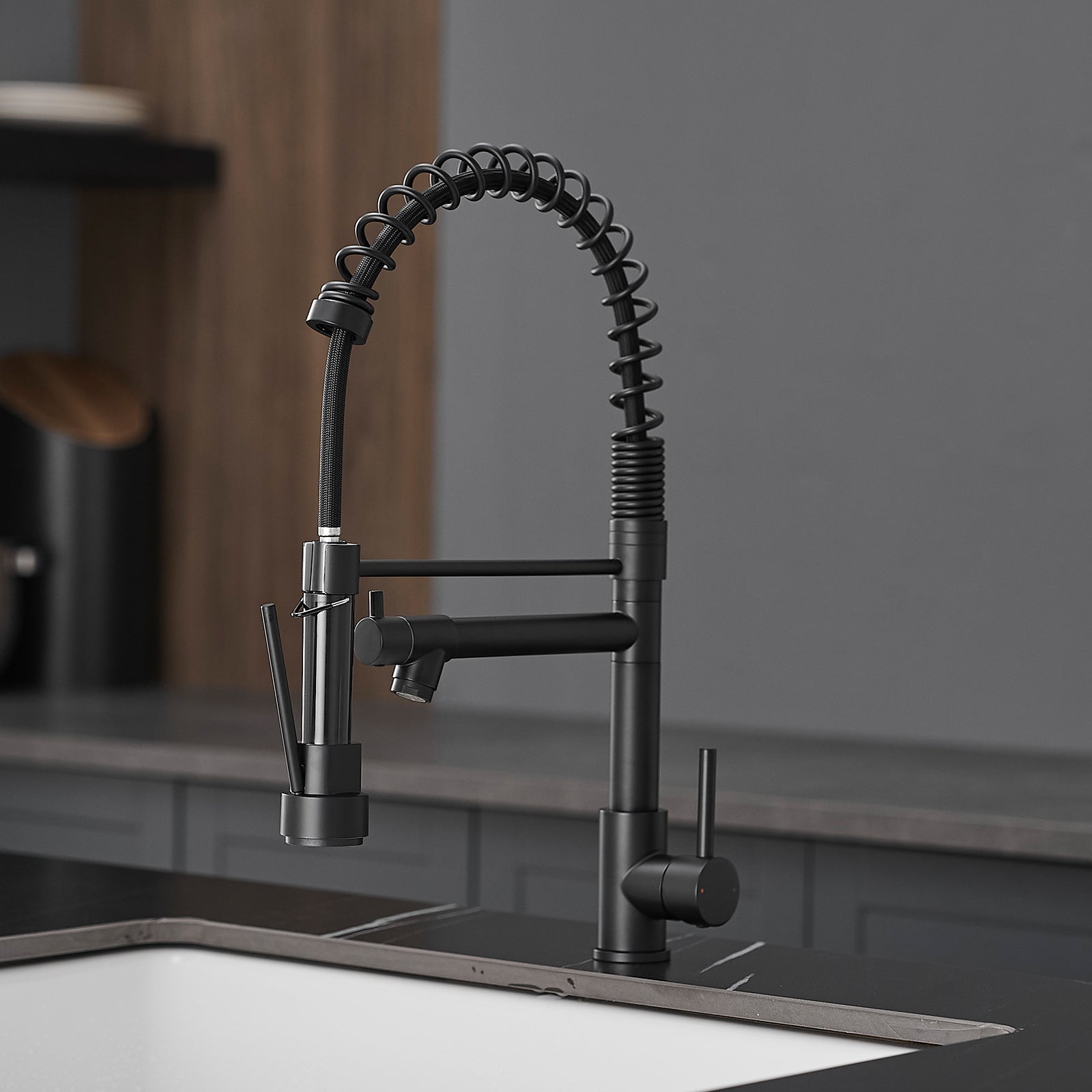 Commercial Stainless Steel Kitchen Faucet With Pull Down Sprayer, Single Handle Single Lever Kitchen Sink Faucet Black Kitchen Contemporary Ceramic Brass