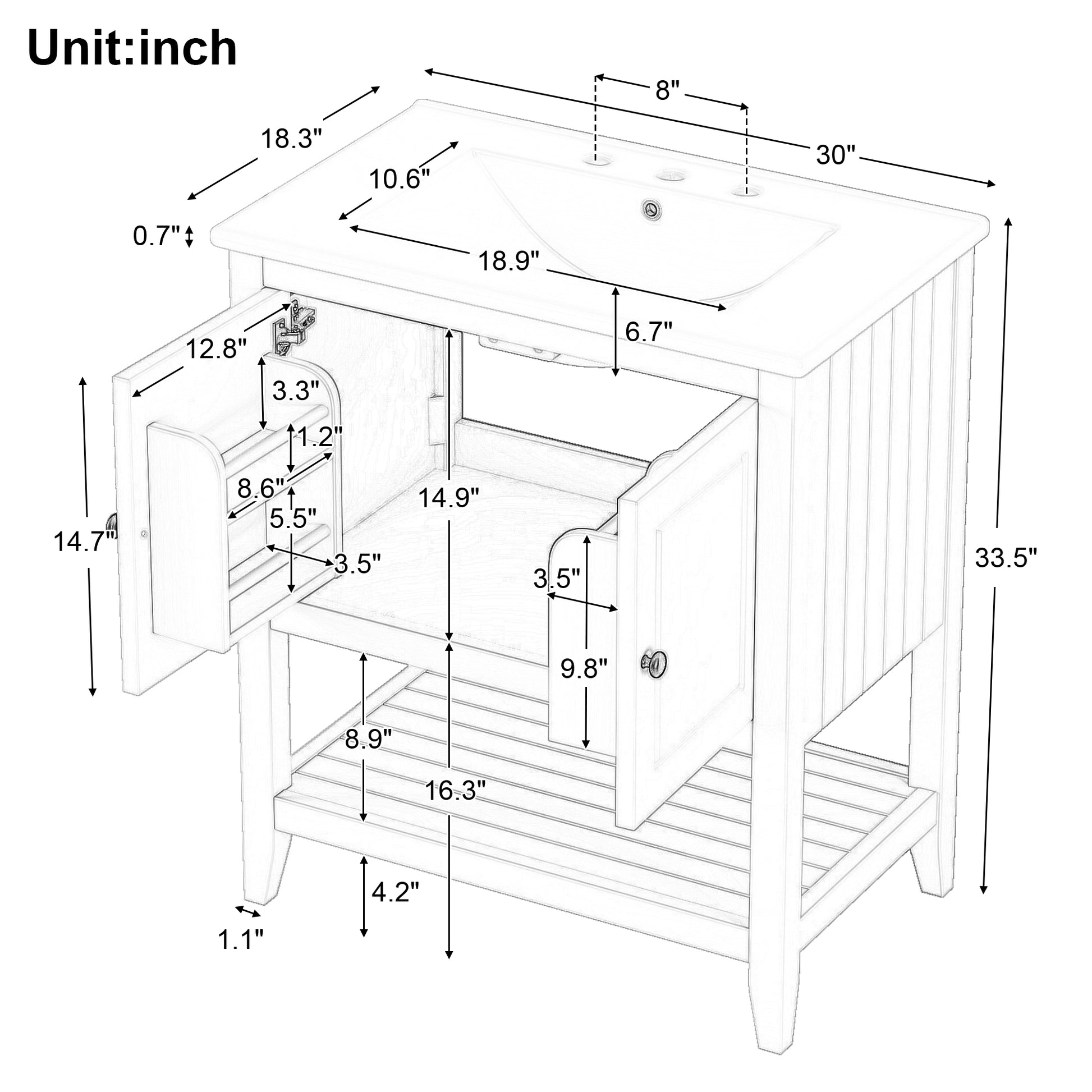 30" Gray Modern Sleek Bathroom Vanity Elegant Ceramic Sink With Solid Wood Frame Open Style Shelf & Door Shelf Design Gray Solid Wood